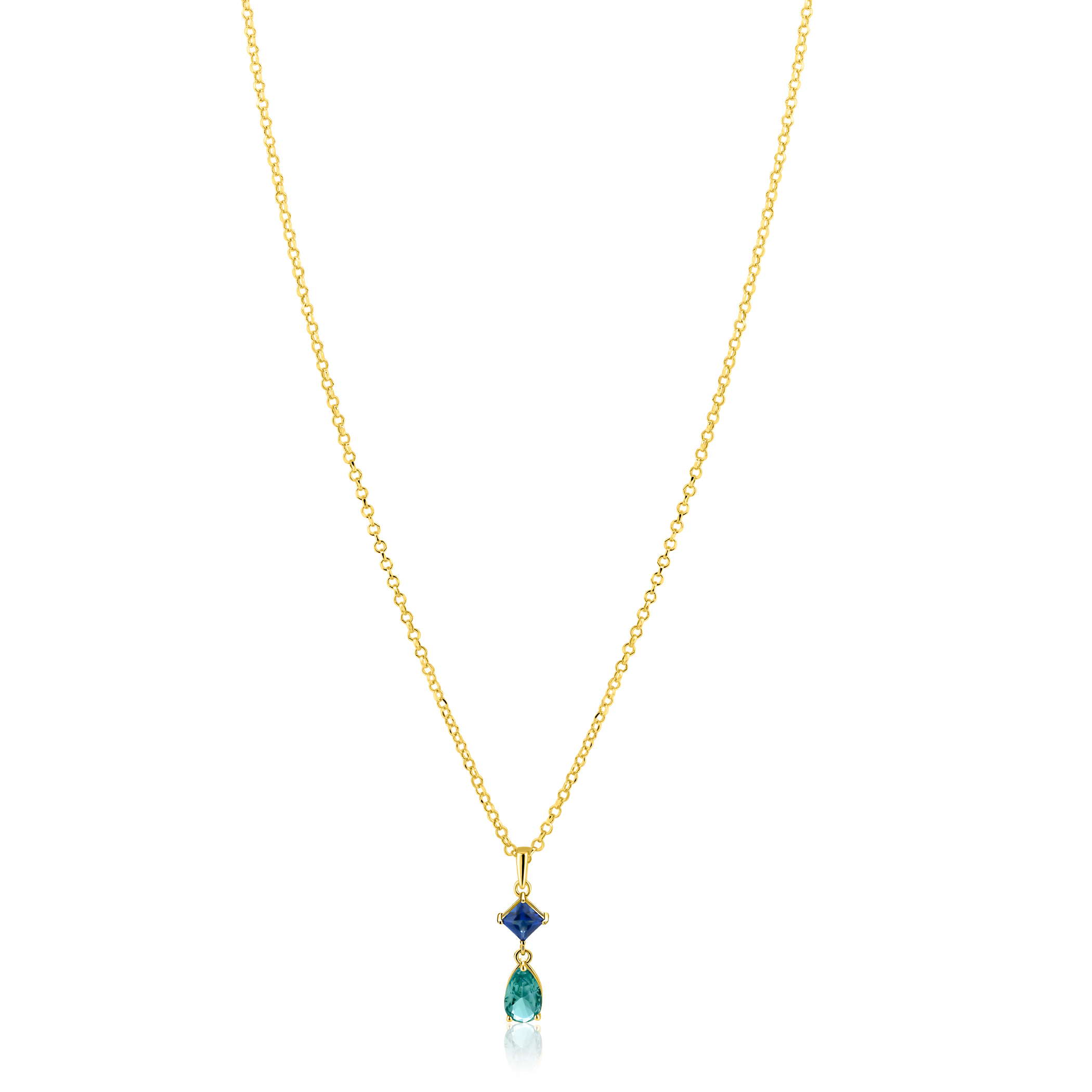 ZINZI gold plated zilveren ketting 42-45cm met luxe peervormige turquoise hanger en blauwe ruitvorm ZIC2745