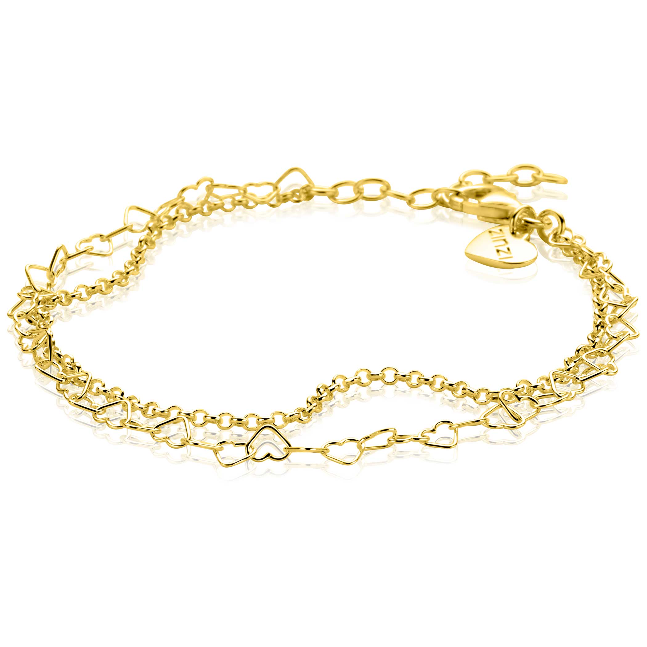 ZINZI gold plated zilveren dubbele armband met open hartjes schakels. De lengte is verstelbaar van 16cm tot 19cm. Vervaardigd van eerste gehalte zilver (925) en extra geel verguld.