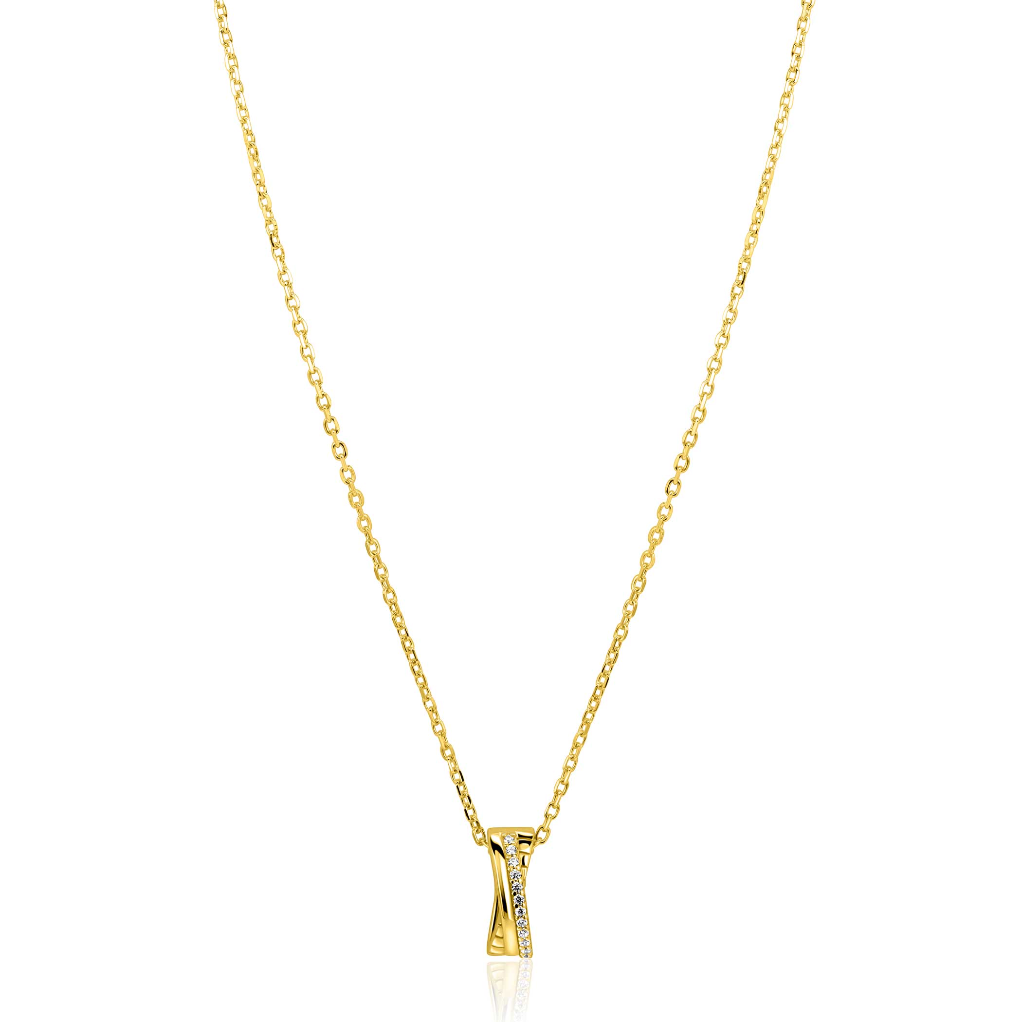 ZINZI gold plated zilveren ketting 45cm met luxe cross-over hanger (16mm) bezet met witte zirkonia's ZIC2801