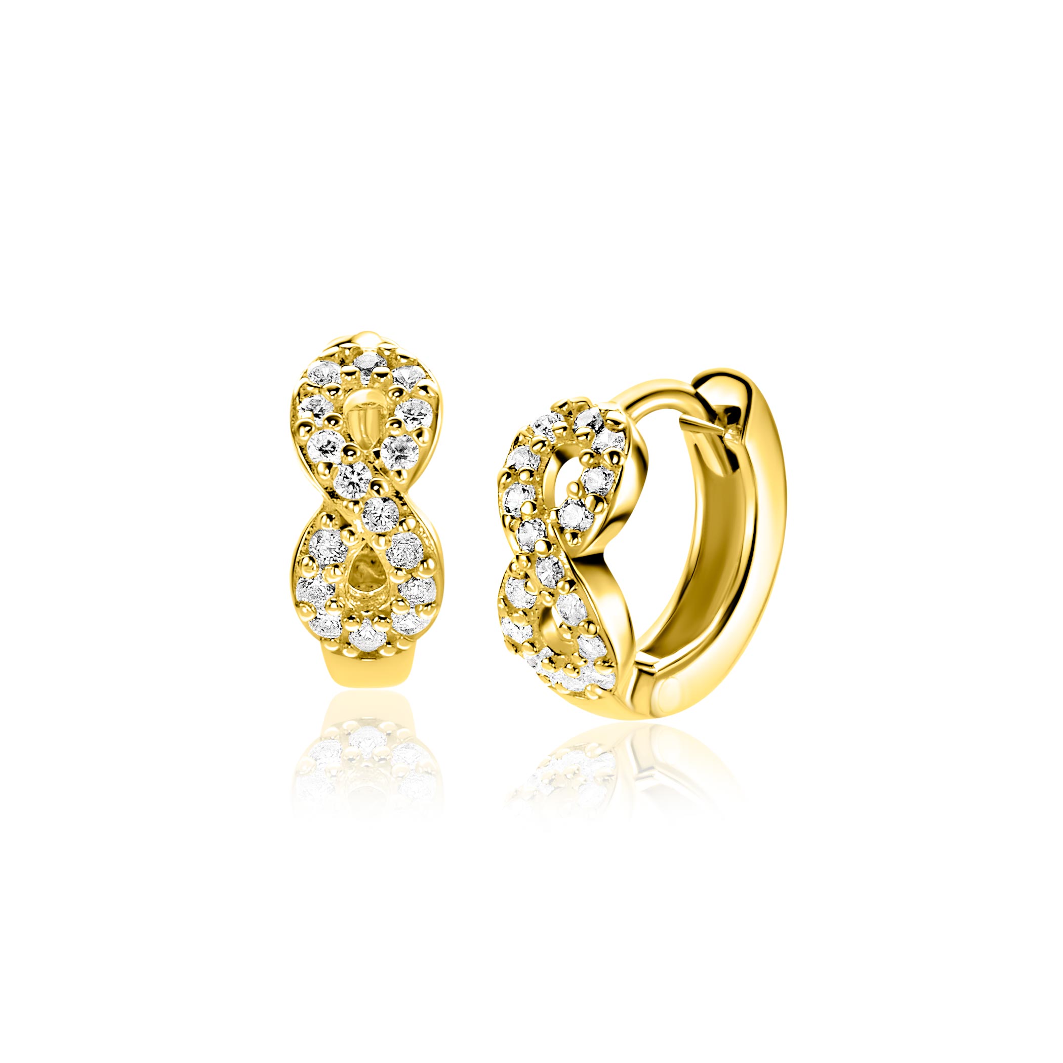12,5mm ZINZI goldplated zilveren oorringen met Infinity-symbool bezet met zirkonia&rsquo;s en luxe klapsluiting.