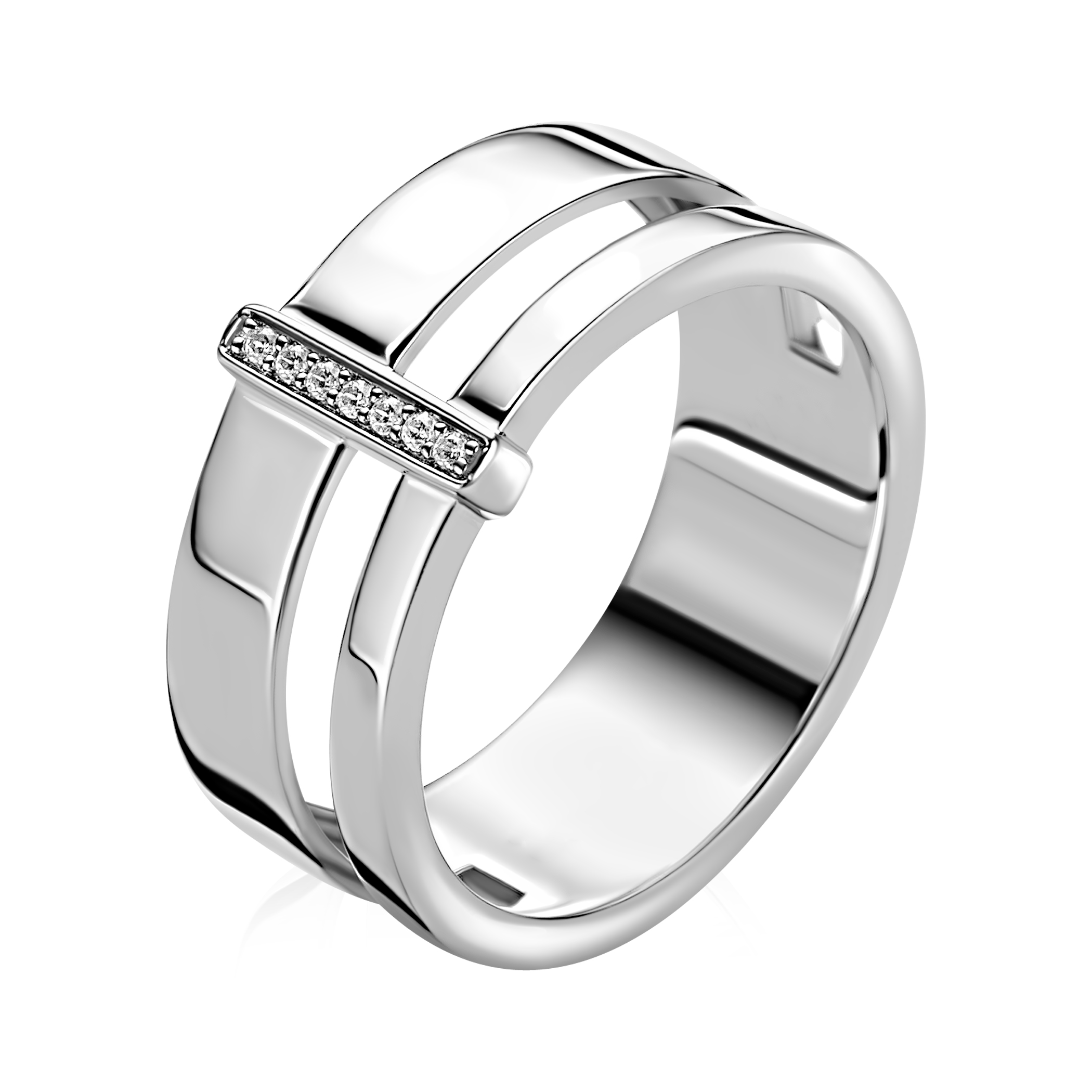 ZINZI zilveren multi-look ring (9mm breed) met 2 banen en verbonden staafje met witte zirkonia&rsquo;s ZIR2728