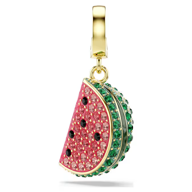 Deze watermeloenpartjesbedel geeft een persoonlijke touch aan uw dagelijkse stijl en is ideaal voor wie van de zomer houdt. De goudkleurige creatie is versierd met een roze en groene pav&eacute; met realistische zaden van zwarte Swarovski ReCreated&trade;-kristallen en heeft een op maat ontworpen sluiting, zodat u de bedel aan verschillende kettingen en armbanden kunt dragen.

Artikelnr.: 5743134
Collectie:  Idyllia
Formaat: 2.7 x 1 cm
Materiaal:  Kristallen, Goudkleurige toplaag, Hars
Kleur:  Meerkleurig
Gewicht (individueel product):  4.8 g