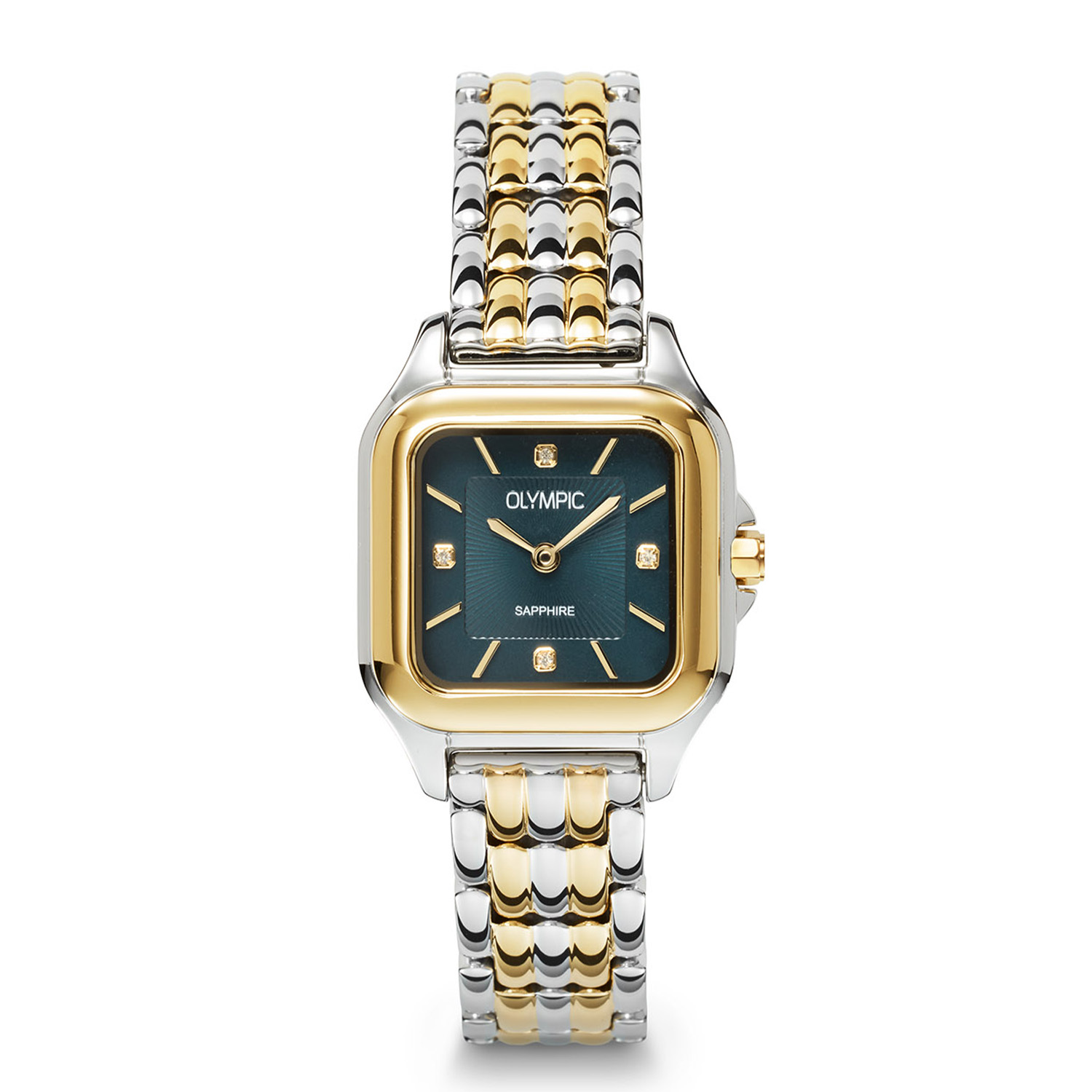 Olympic OL73DSS009B Radiant Horloge Dames Staal 26mm 
Dit unieke Olympic model met artikelnummer: OL73DSS009B is een chique dameshorloge. Het horloge heeft een stalen vierkante kast met een opvallende goudkleurige bezel en een blauwgroene wijzerplaat met strepen en kristallen als uursaanduiding. Aan de kast zit een bicolor stalen schakelband met een druksluiting. Het horloge heeft een saffierglas, een doorsnee van 26mm en is 5ATM.

Het merk:
Een mooi horloge hoeft niet duur te zijn! Het Nederlandse horlogemerk Olympic levert stoere chronografen, slimline series, digitale uurwerken en elegante dameshorloges. De prijs-kwaliteitverhouding staat bij Olympic hoog in het vaandel met prijzen die uiteenlopen van &euro; 34,95 tot en met &euro; 169,00.

100% Nederlands ontwerp, waterdicht en standaard 3 jaar fabrieksgarantie.

Specificaties:
- Vierkante kast 26mm
- Blauwgroene wijzerplaat
- Stalen bicolor schakelband
- 5ATM 
- Standaard 3 jaar fabrieksgarantie
- Saffierglas