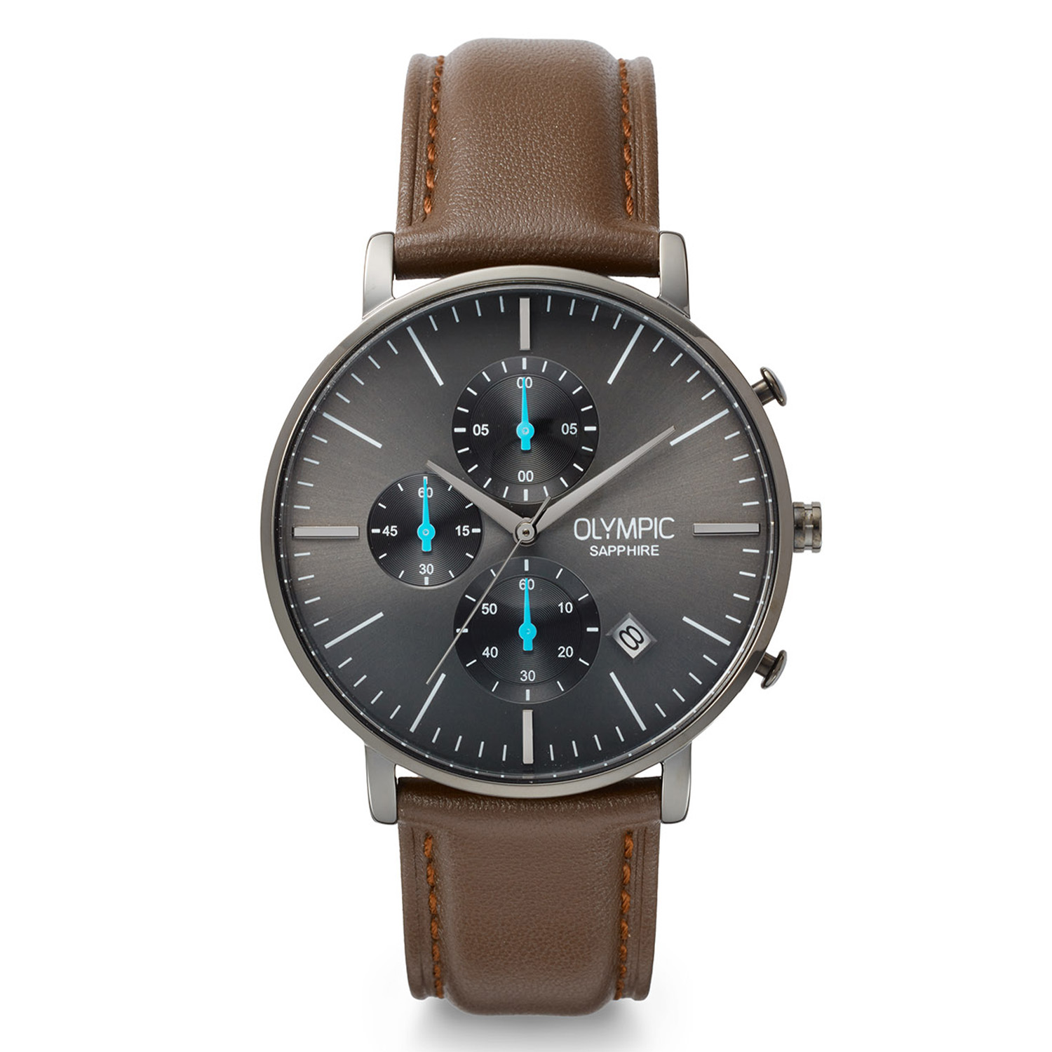 Olympic OL82HGL001 Tempus Horloge Heren Staal 40mm 
Dit unieke Olympic model met artikelnummer: OL82HGL001 is een chique herenhorloge. Het horloge heeft een gunmetal stalen kast met een grijze sunray wijzerplaat met een datum en een stopwatch met blauwe chronograafmeters. Aan de kast zit een bruine lerenband met een gespsluiting. Het horloge heeft een saffierglas, een doorsnee van 40mm en is 5ATM.

Het merk:
Een mooi horloge hoeft niet duur te zijn! Het Nederlandse horlogemerk Olympic levert stoere chronografen, slimline series, digitale uurwerken en elegante dameshorloges. De prijs-kwaliteitverhouding staat bij Olympic hoog in het vaandel met prijzen die uiteenlopen van &euro; 34,95 tot en met &euro; 169,00.

100% Nederlands ontwerp, waterdicht en standaard 3 jaar fabrieksgarantie.

Specificaties:
- Ronde kast &Oslash; 40mm
- Grijze wijzerplaat
- Grijze lerenband
- 5ATM 
- Standaard 3 jaar fabrieksgarantie
- Saffierglas