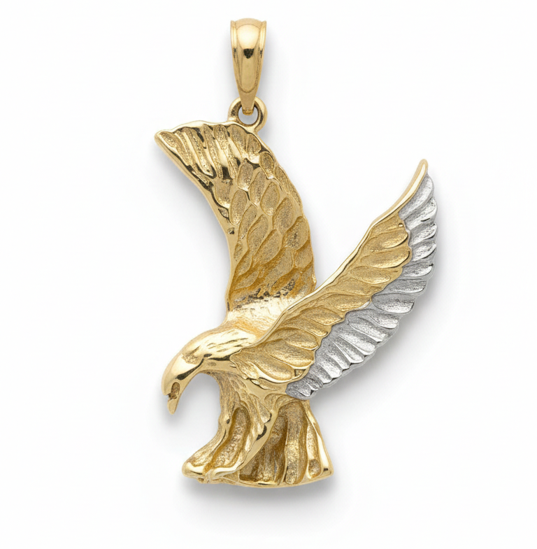 Deze 14k bicolor gouden hanger, modelnummer GH0538, is een prachtige opvallende adelaar. Met zijn innovatieve bicolor ontwerp biedt het een veelzijdige stijl die zowel elegant als modern is. Draag deze hanger aan een ketting voor een verfijnde look die geschikt is voor elke gelegenheid. Perfect als middelpunt of in combinatie met andere juwelen.