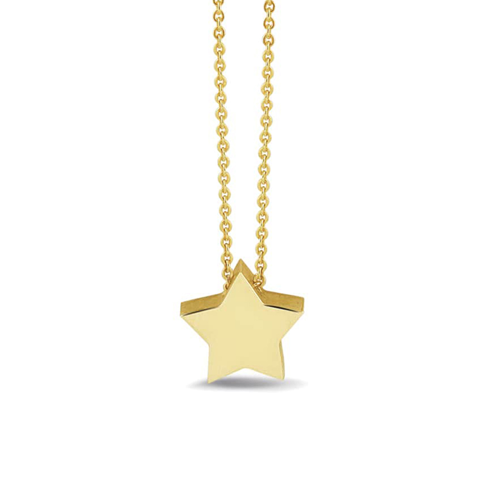 Ster hanger, inclusief collier. 14 karaat geelgoud. Het collier gaat door het sterretje heen waardoor de ster heen en weer kan bewegen. De &lsquo;voorkant&rsquo; van het sterretje kan gevuld worden met eventueel as. U kunt het sterretje met de vulling naar voren dragen of juist tegen u aan. Ook is er ruimte om een vingerafdrukje op het gladde deel van de ster te zetten.