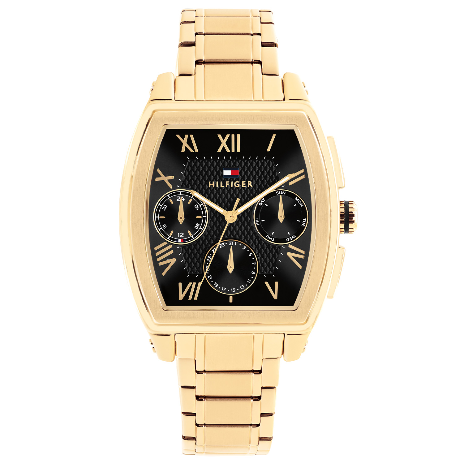 Tommy Hilfiger TH1710764 Horloge Heren Staal Goudkleurig 36mm
Elegant: Dit goudkleurige herenhorloge straalt finesse uit en maakt elke outfit stijlvol compleet. Het stalen herenhorloge uit de TH Oxfort serie heeft een ronde rechthoekige stalen kast met een matte bezel. Op de zwarte sunray wijzerplaat zit een dag, datum en 24-uursaanduiding. Opvallend zijn de romeinse cijfers die uren weergeven. Aan de kast zit een stalen goudkleurige schakelband met een vouwsluiting. Het horloge heeft een mineraalglas, een afmeting van 36mm en is 3ATM.  

Het merk: 
Sinds de lancering van het merk in 1985 is Tommy Hilfiger wereldwijd bekend geworden als pionier van de klassieke Amerikaanse coole stijl. Ge&iuml;nspireerd door de iconische popcultuur en het Amerikaanse erfgoed. De dames en herencollectie van dit seizoen bestaan uit minimalistische silhouetten en rustieke lederen details. De herenhorlogecollectie biedt iconische uurwerken met roestvrijstalen, lederen en siliconen banden.

Specificaties:
- Mineraalglas
- Rechthoekige kast 36mm
- Goudkleurige kast
- Zwarte wijzerplaat
- Stalen goudkleurige schakelband 
- 3ATM