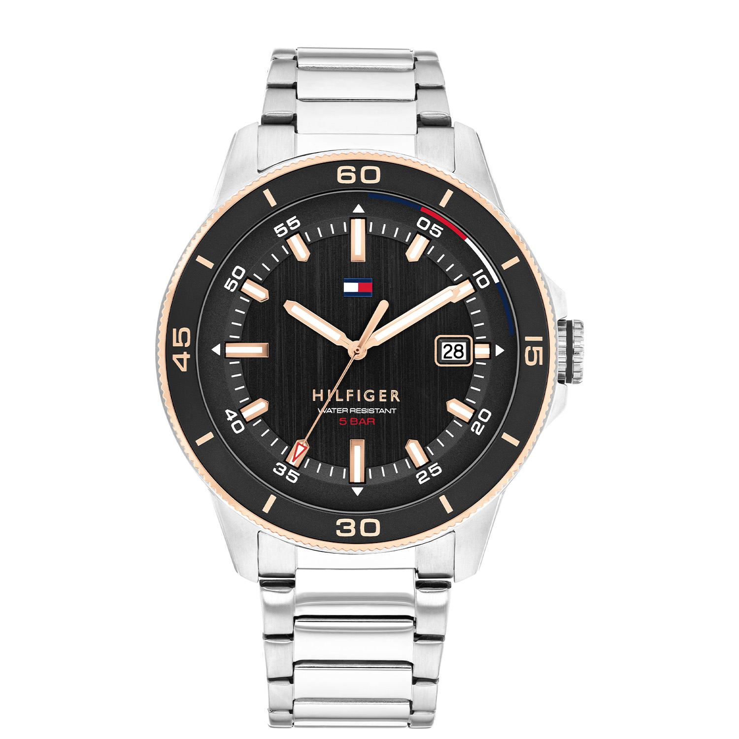 Tommy Hilfiger TH1792228 Horloge Heren Staal 43mm
Dit specifieke horloge van Tommy Hilfiger uit de Remy serie met artikelnr: TH1792228 is een sportief herenhorloge die niet in je collectie mag ontbreken. Het stalen herenhorloge heeft een ronde kast met een zwarte aluminium bezel en een zwarte geschuurde wijzerplaat met een datum. Aan de kast zit een stalen schakelband met een vouwsluiting. Het horloge heeft een mineraalglas, een doorsnee van 43mm en is 5ATM.  

Het merk:
Sinds de lancering van het merk in 1985 is Tommy Hilfiger wereldwijd bekend geworden als pionier van de klassieke Amerikaanse coole stijl. Ge&iuml;nspireerd door de iconische popcultuur en het Amerikaanse erfgoed. De dames en herencollectie van dit seizoen bestaan uit minimalistische silhouetten en rustieke lederen details. De herenhorlogecollectie biedt iconische uurwerken met roestvrijstalen, lederen en siliconen banden.

Specificaties:
- Mineraalglas
- Ronde kast 43mm
- Stalen kast
- Zwarte wijzerplaat
- Stalen schakelband 
- 5ATM
