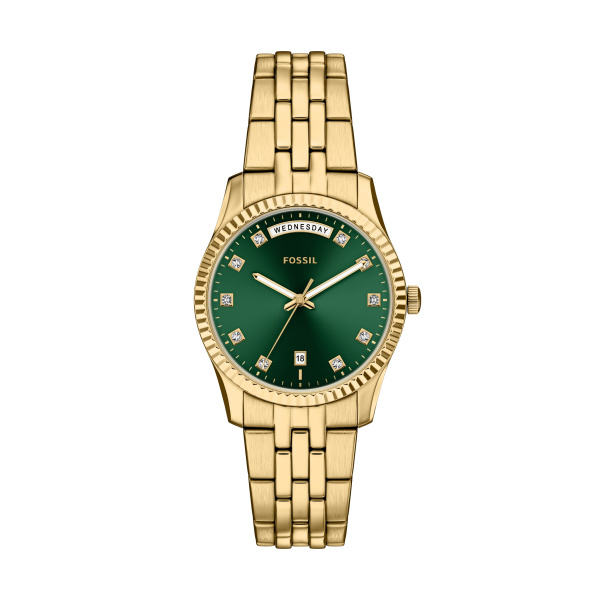 De FOSSIL HORLOGE SCARLETTE ES5460 is een elegante dameshorloge met een kast van 34 mm in een opvallende groene kleur. De goudkleurige stalen band en de datumfunctie maken deze polshorloge zowel stijlvol als functioneel. Perfect te combineren met zowel formele als casual outfits voor dagelijks gebruik of speciale gelegenheden.