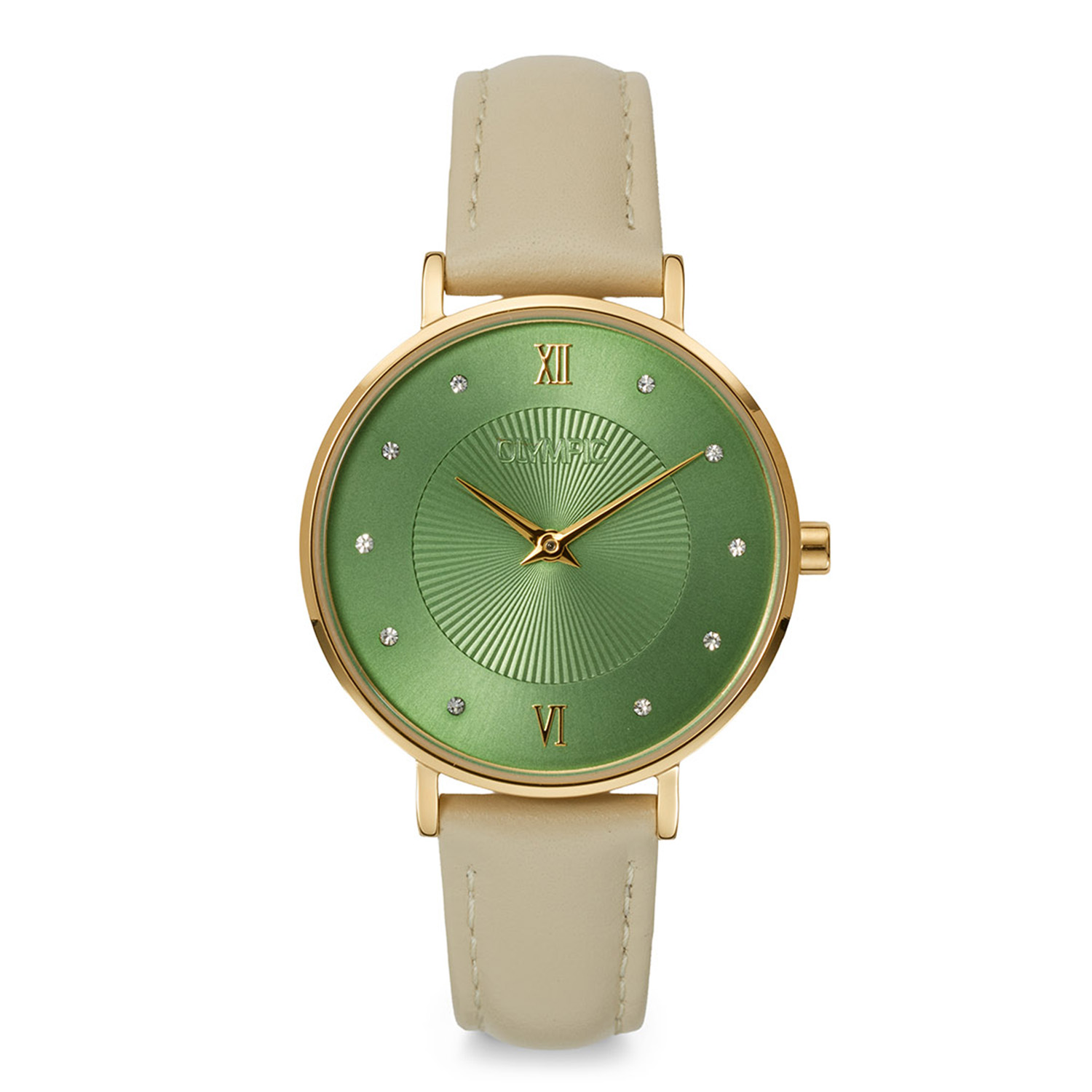 Olympic OL1DDL002 Soline Horloge Dames Staal 32mm 
Dit unieke Olympic model met artikelnummer: OL1DDL002 is een fijn dameshorloge. Het horloge heeft een goudkleurige stalen kast met een groene bewerkte sunray wijzerplaat met kristallen als uursaanduiding. Aan de kast zit een beige lerenband met een gespsluiting. Het horloge heeft een mineraalglas, een doorsnee van 32mm en is 5ATM.

Het merk:
Een mooi horloge hoeft niet duur te zijn! Het Nederlandse horlogemerk Olympic levert stoere chronografen, slimline series, digitale uurwerken en elegante dameshorloges. De prijs-kwaliteitverhouding staat bij Olympic hoog in het vaandel met prijzen die uiteenlopen van &euro; 34,95 tot en met &euro; 169,00.

100% Nederlands ontwerp, waterdicht en standaard 3 jaar fabrieksgarantie.

Specificaties:
- Ronde kast &Oslash; 32mm
- Groene wijzerplaat
- Beige lerenband
- 5ATM
- Standaard 3 jaar fabrieksgarantie
- Mineraalglas
