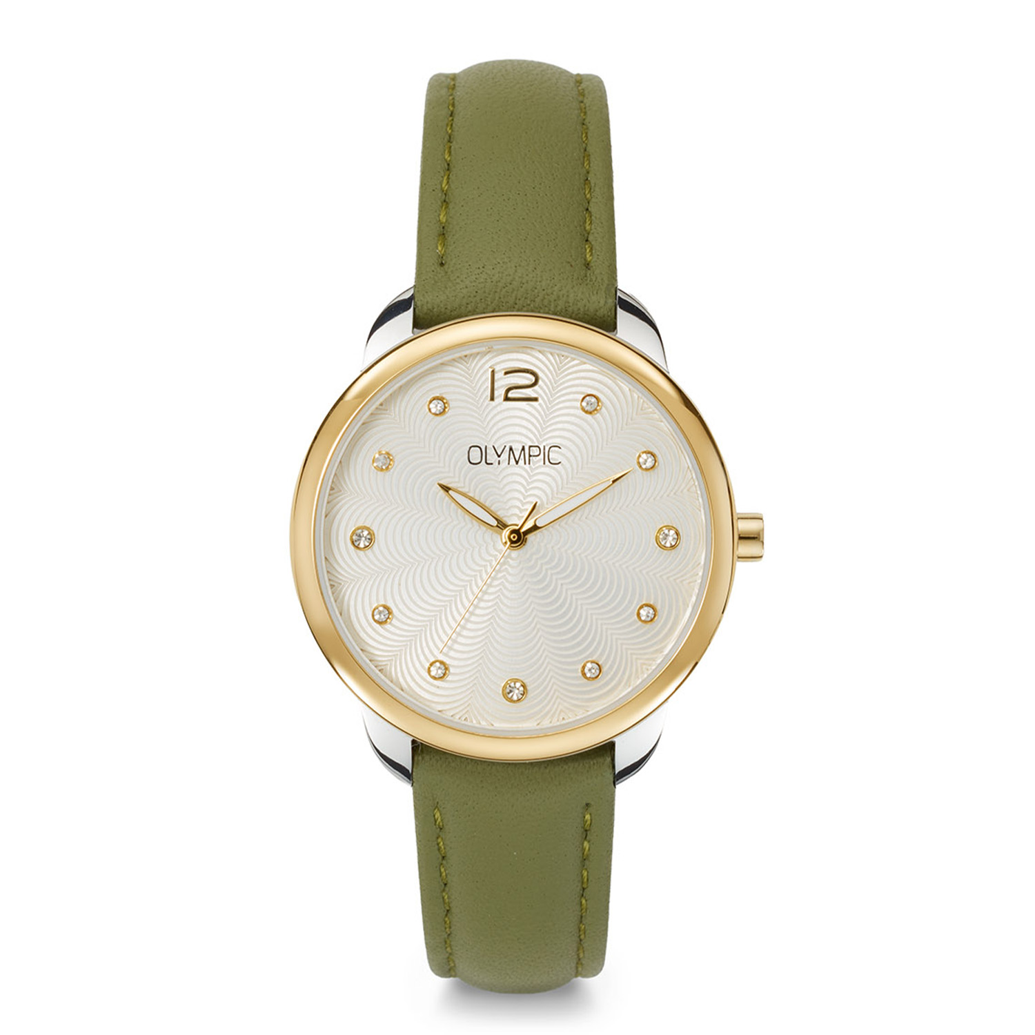 Olympic OL82DDL001B Sofia Horloge Dames Staal 31mm 
Dit unieke Olympic model met artikelnummer: OL82DDL001B is een net dameshorloge. Het horloge heeft een stalen ronde kast met een gladde goudkleurige bezel en een zilverkleurige wijzerplaat met kristallen als uursaanduiding. Aan de kast zit een groene lerenband met een gespsluiting. Het horloge heeft een mineraalglas, een doorsnee van 31mm en is 5ATM.

Het merk:
Een mooi horloge hoeft niet duur te zijn! Het Nederlandse horlogemerk Olympic levert stoere chronografen, slimline series, digitale uurwerken en elegante dameshorloges. De prijs-kwaliteitverhouding staat bij Olympic hoog in het vaandel met prijzen die uiteenlopen van &euro; 34,95 tot en met &euro; 169,00.

100% Nederlands ontwerp, waterdicht en standaard 3 jaar fabrieksgarantie.

Specificaties:
- Ronde kast 31mm
- Zilverkleurige wijzerplaat
- Groene lerenband
- 5ATM 
- Standaard 3 jaar fabrieksgarantie
- Mineraalglas