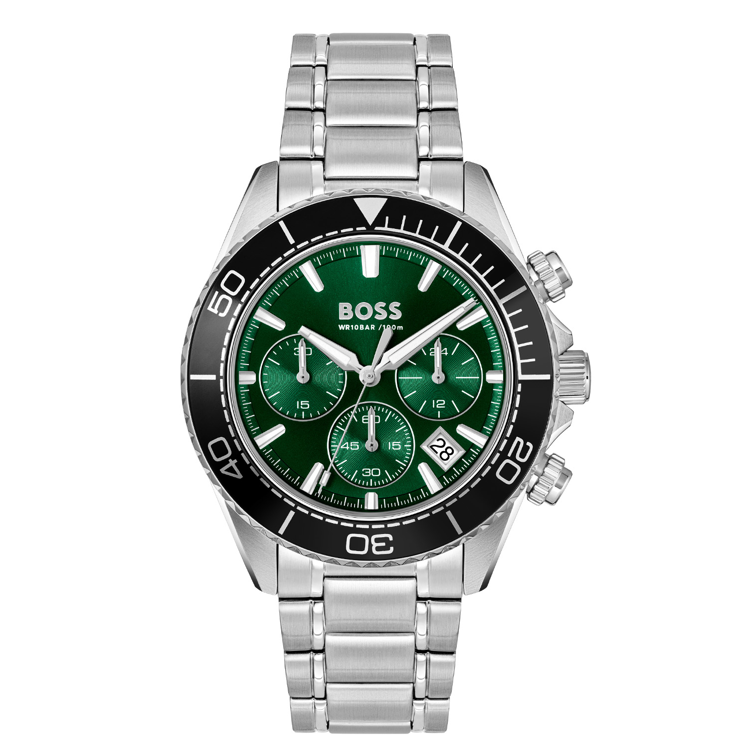 BOSS HB1514321 SEALINER 44mm
Dit BOSS horloge uit de SEALINER serie met artikelnr: HB1514321 heeft een sportieve uitstraling. Het gaat niet alleen om de tijd, maar ook om elk moment te grijpen en er je eigen draai aan te geven. Wees je eigen baas, bepaal je eigen tempo en ga ervoor. Het herenhorloge valt op door zijn stalen horlogekast met een bezel met een tachymeter en zijn groene sunray wijzerplaat met een chronograaf en een datum. Opvallend zijn de wijzers door de lumibrite en de strepen gevuld met lumibrite. Aan de kast zit een stalen schakelband met een vouwsluiting. Het horloge heeft een doorsnee van 44mm, een mineraalglas en is 10ATM. 

HET MERK:
HUGO BOSS is afgestemd op levensstijlen waar het gaat om kwaliteit en precisie. Het wereldwijde fashionlabel is verdeeld in twee merken: BOSS en HUGO. Het merk BOSS biedt geavanceerde, moderne horloges gericht op kwaliteit en design om een onberispelijke look te cre&euml;ren &ndash; of het nu zakelijk, casual of sportief is. De horloge collectie van BOSS is perfect afgestemd op levensstijlen waar het gaat om kwaliteit en precisie. BOSS is op maat gemaakt in een onberispelijke stijl.

Blijf stijlvol bij de tijd. Voor de BOSS-vrouw is stijl het handelsmerk en draait alles om
details. Breng uw look naar een hoger niveau met onze nieuwe en kenmerkende horlogecollectie.

SPECIFICATIES:
- Mineraalglas
- Ronde kastvorm, &Oslash; 44mm
- Stalen horlogekast
- Groene wijzerplaat
- Stalen schakelband
- Chronograaf en datum
- 10ATM