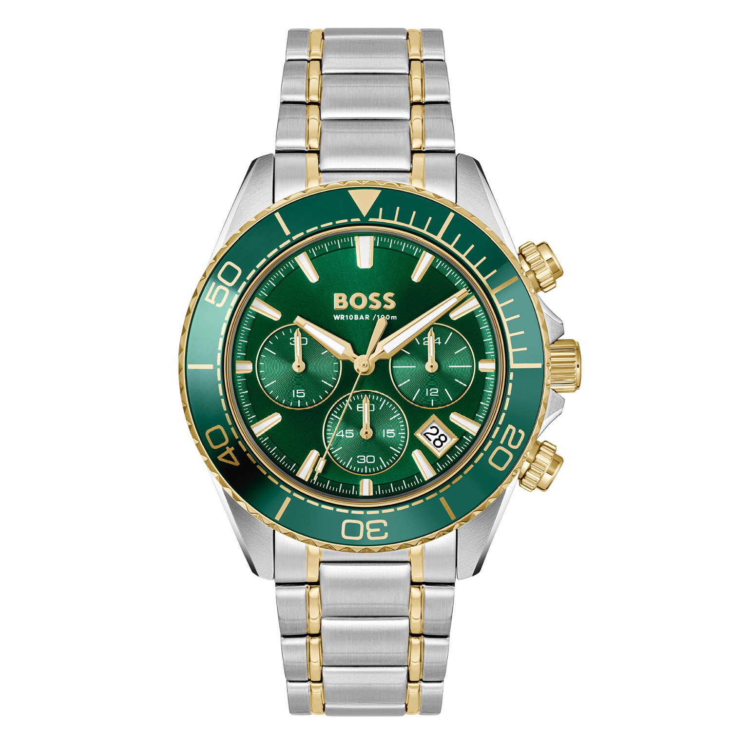 BOSS HB1514325 SEALINER 44mm
Dit BOSS horloge uit de SEALINER serie met artikelnr: HB1514325 heeft een sportieve uitstraling. Het gaat niet alleen om de tijd, maar ook om elk moment te grijpen en er je eigen draai aan te geven. Wees je eigen baas, bepaal je eigen tempo en ga ervoor. Het herenhorloge valt op door zijn stalen horlogekast met een bezel met een tachymeter en zijn groene sunray wijzerplaat met een chronograaf en een datum. Opvallend zijn de wijzers door de lumibrite en de strepen gevuld met lumibrite. Aan de kast zit een bicolor stalen schakelband met een vouwsluiting. Het horloge heeft een doorsnee van 44mm, een mineraalglas en is 10ATM. 

HET MERK:
HUGO BOSS is afgestemd op levensstijlen waar het gaat om kwaliteit en precisie. Het wereldwijde fashionlabel is verdeeld in twee merken: BOSS en HUGO. Het merk BOSS biedt geavanceerde, moderne horloges gericht op kwaliteit en design om een onberispelijke look te cre&euml;ren &ndash; of het nu zakelijk, casual of sportief is. De horloge collectie van BOSS is perfect afgestemd op levensstijlen waar het gaat om kwaliteit en precisie. BOSS is op maat gemaakt in een onberispelijke stijl.

Blijf stijlvol bij de tijd. Voor de BOSS-vrouw is stijl het handelsmerk en draait alles om
details. Breng uw look naar een hoger niveau met onze nieuwe en kenmerkende horlogecollectie.

SPECIFICATIES:
- Mineraalglas
- Ronde kastvorm, &Oslash; 44mm
- Stalen horlogekast
- Groene wijzerplaat
- Stalen bicolor schakelband
- Chronograaf en datum
- 10ATM