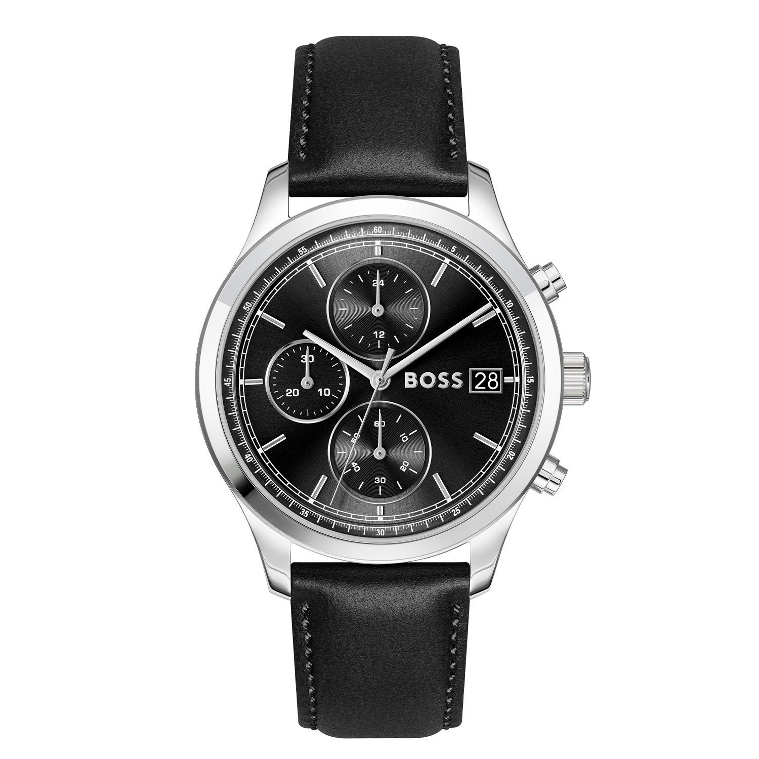 BOSS HB1514326 STRATUS 41mm
Dit BOSS horloge uit de STRATUS serie met artikelnr: HB1514326 heeft een klassieke uitstraling. Het gaat niet alleen om de tijd, maar ook om elk moment te grijpen en er je eigen draai aan te geven. Wees je eigen baas, bepaal je eigen tempo en ga ervoor. Het herenhorloge valt op door zijn stalen horlogekast met een zwarte sunray wijzerplaat met een chronograaf en een datum. Aan de kast zit een zwarte lerenband met een gespsluiting. Het horloge heeft een doorsnee van 41mm, een mineraalglas en is 5ATM. 

HET MERK:
HUGO BOSS is afgestemd op levensstijlen waar het gaat om kwaliteit en precisie. Het wereldwijde fashionlabel is verdeeld in twee merken: BOSS en HUGO. Het merk BOSS biedt geavanceerde, moderne horloges gericht op kwaliteit en design om een onberispelijke look te cre&euml;ren &ndash; of het nu zakelijk, casual of sportief is. De horloge collectie van BOSS is perfect afgestemd op levensstijlen waar het gaat om kwaliteit en precisie. BOSS is op maat gemaakt in een onberispelijke stijl.

Blijf stijlvol bij de tijd. Voor de BOSS-vrouw is stijl het handelsmerk en draait alles om
details. Breng uw look naar een hoger niveau met onze nieuwe en kenmerkende horlogecollectie.

SPECIFICATIES:
- Mineraalglas
- Ronde kastvorm, 41mm
- Stalen horlogekast
- Zwarte wijzerplaat
- Zwarte lerenband
- Datum/ chronograaf
- 5ATM