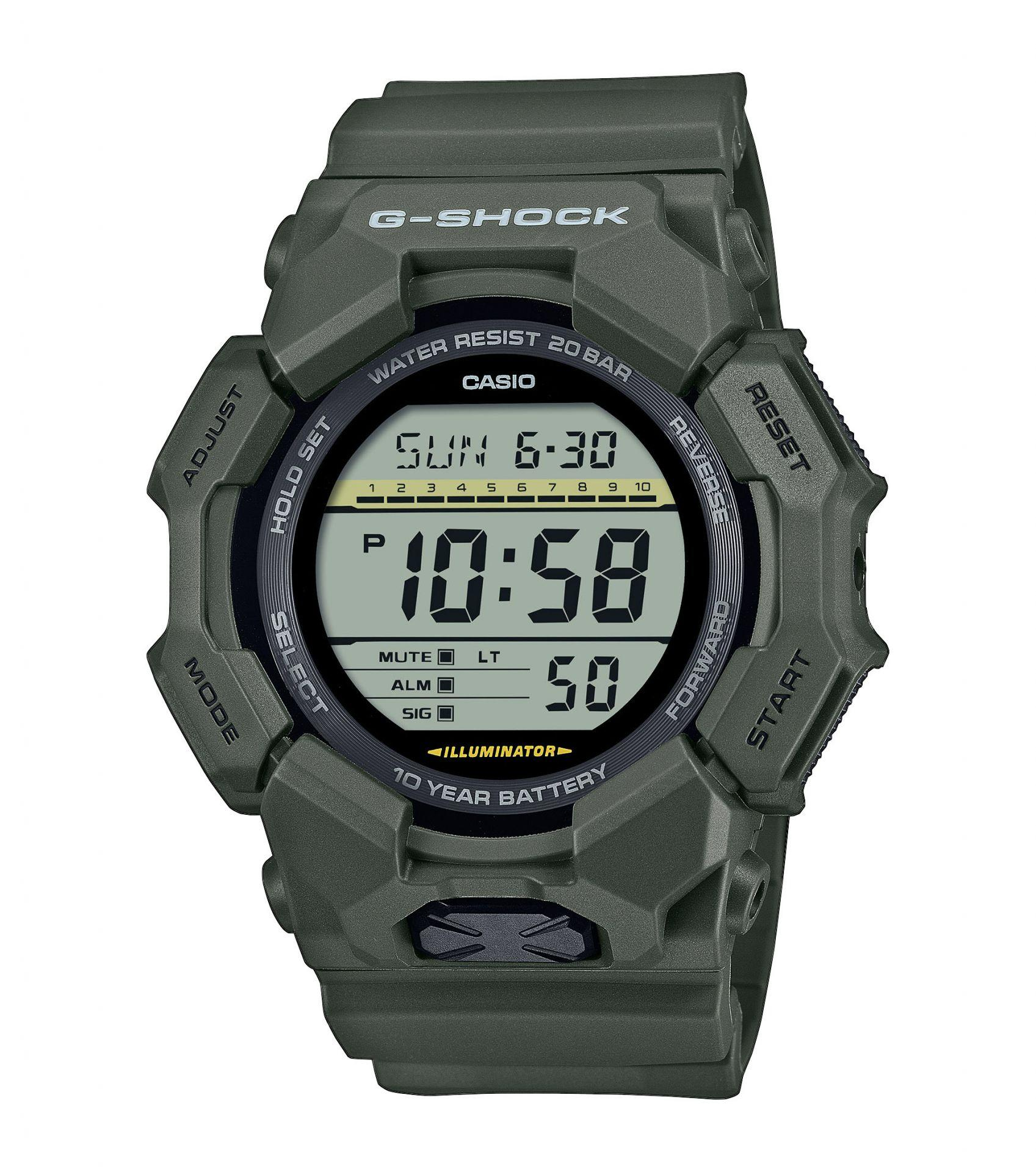 GD-010-3ER. Casio G-Shock horloge. Groene band en kast. Digitaal. Stopwatch, wereldtijden en alarm. 