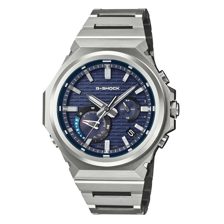 GST-B1000D-2AER.  Casio G-shock horloge. Stalen band en kast, Blauwe wijzerplaat. Stopwatch wereldtijden en alarm.