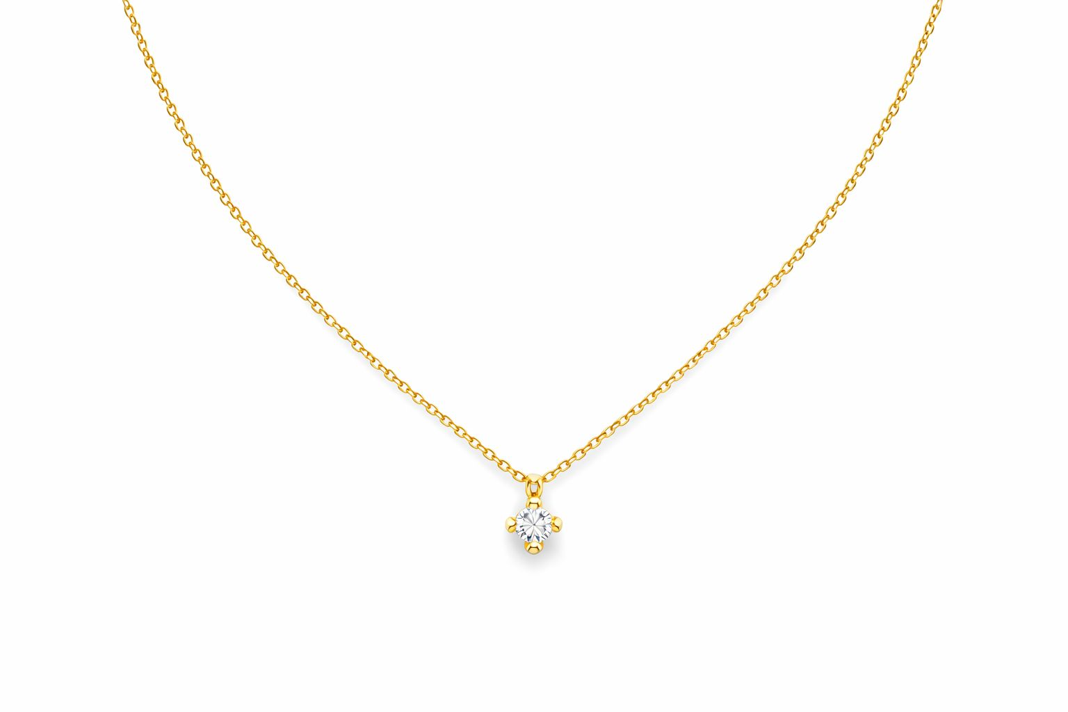 Gouden collier met een zirkonia hanger.
De lengte van het collier is 42-45 cm