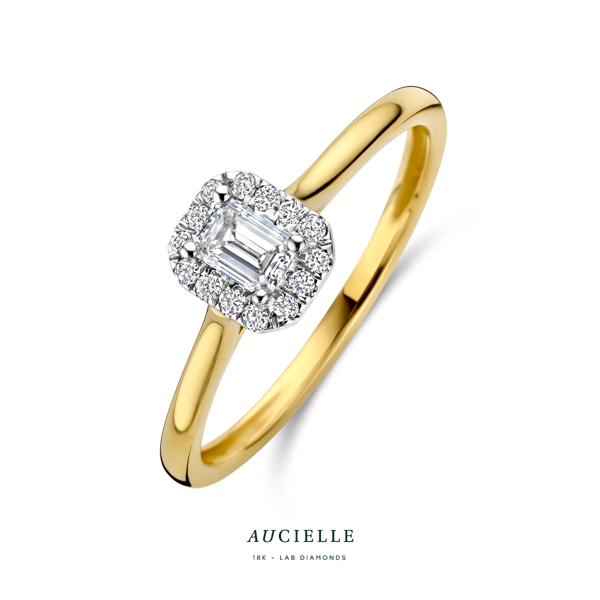 Aucielle ring geel goud 18k ntourage emerald cut MC LGD 0.280ct