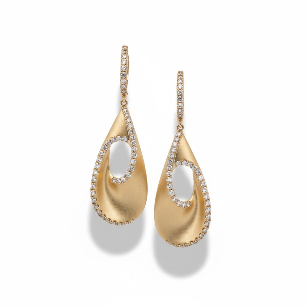 14 Karaat geelgouden oorhangers gematteerd met 96 briljantjes met een totaal van 0.96 caraat.