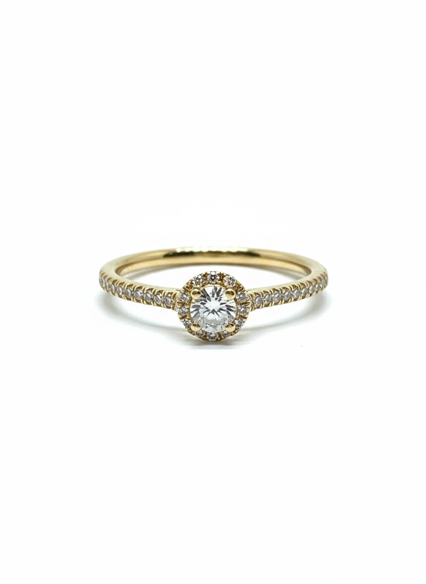 De 18 karaat geelgouden ring met nature diamanten en halo zetting, model LF1201, straalt luxe uit. Deze schitterende ring bevat briljant geslepen diamanten met een zuiverheid van SI1 en een gewicht van 0.28 karaat. Ideaal om te dragen als verlovingsring of bij speciale gelegenheden voor een elegante, gouden schittering aan jouw hand.
