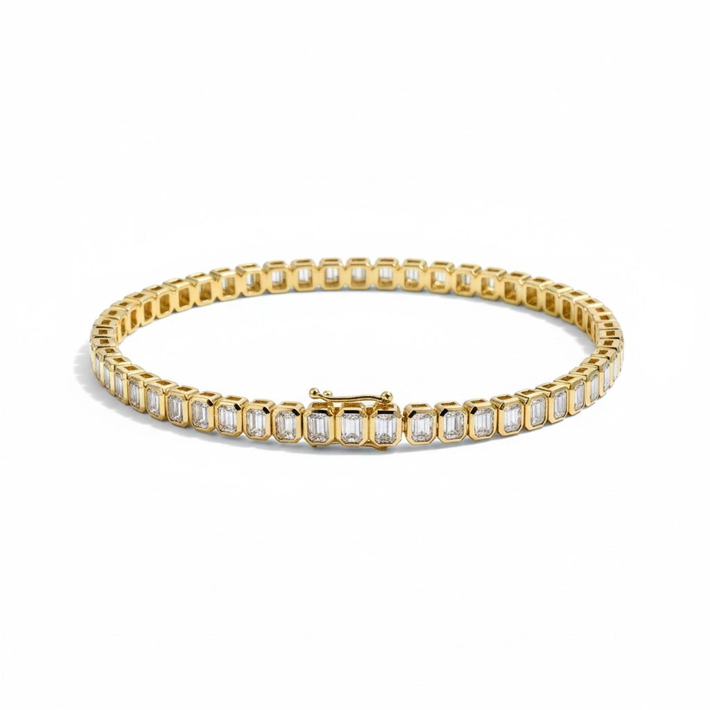 14 karaat geelgouden tennisarmband met 45x baguette geslepen diamant met een totaal van 6.51 caraat.