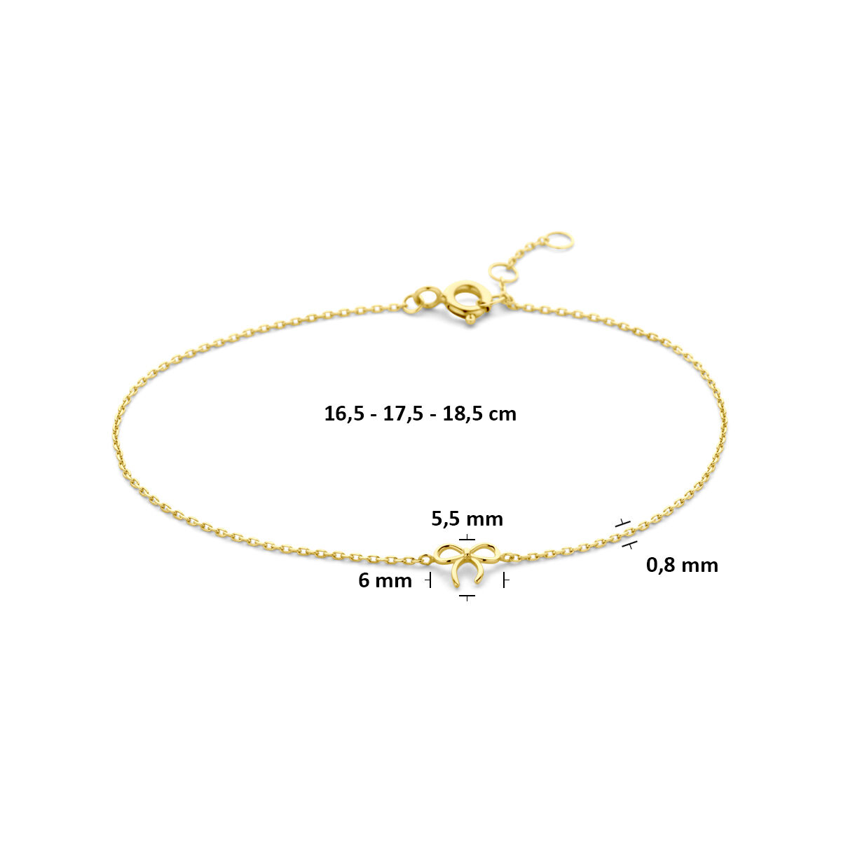 9k Geel kleurig anker armband met een schakelbreedte van 0.8mm. Uitgevoerd met een poli afgewerkte veer van 4.5x13mm en met draaglengtes van 16, 17 en 18cm.