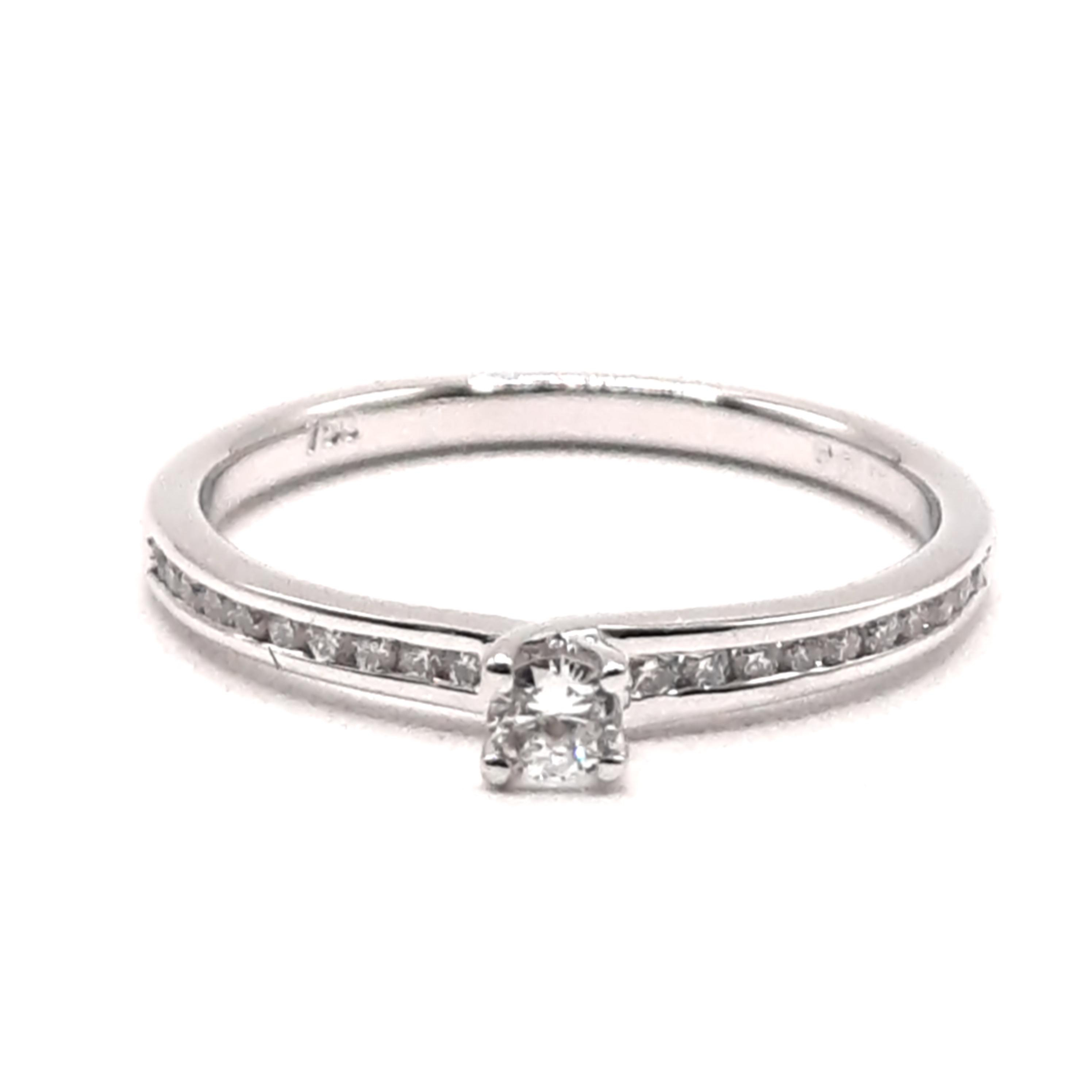 Deze prachtige verlovingsring, model 0025, is gemaakt van 18-karaats witgoud en is bezet met 21 briljant geslepen diamanten van 0,23 karaat met zuiverheid SI1 en kleur G. De ringmaat is 53. Deze ring komt het beste tot zijn recht op de ringvinger van de linkerhand, een symbool van eeuwige liefde.