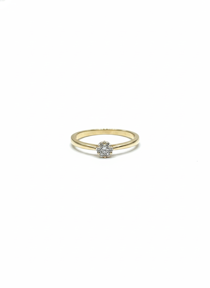 Ontdek de elegantie van de 14k gouden ring met clusterzetting. Deze prachtige ring is vervaardigd uit 14-karaats goud en bevat zeven briljant geslepen diamanten van 0.12 karaat, met SI1 zuiverheid en G-kleur. Draag deze verfijnde ring alleen of combineer met andere sieraden voor een feestelijke uitstraling. Perfect voor elke speciale gelegenheid.