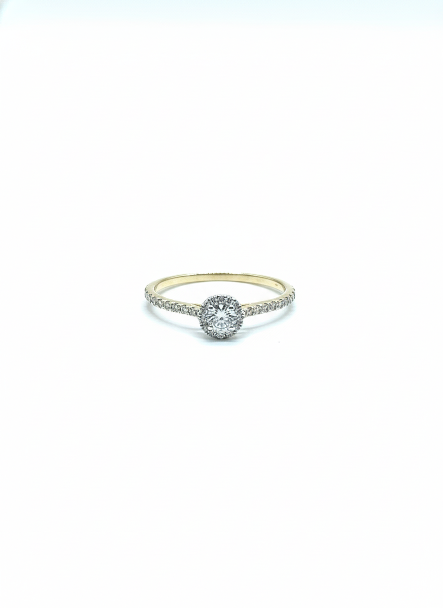 De 14k gouden ring, model GGA5582-14K, heeft een solitaire diamant met briljante slijpvorm, omringd door een halo van 36 diamanten, totaal 0,15 ct. Gemaakt van 14-karaats goud en in de maat 55, straalt deze ring luxe uit. Perfect voor speciale gelegenheden of dagelijks dragen voor een vleugje elegantie. Gloednieuw en schitterend in elke polsslag.