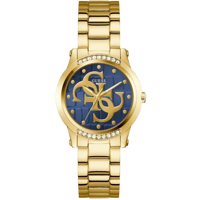 Guess Annette dames horloge 36 mm goud/blauw | GW0861L6 &mdash; elegant en modieus horloge met goudkleurige stalen kast en band, gecombineerd met een stijlvolle blauwe wijzerplaat. Tijdloos design dat jouw look afmaakt bij elke outfit. Verkrijgbaar bij Juwelier Schouten &ndash; Middenwaard, Heerhugowaard.