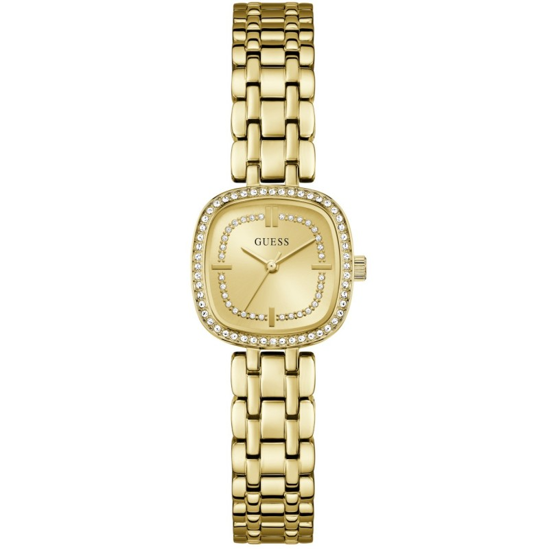De GUESS HAZEL GW1018L2 is een verfijnd dameshorloge in een stralende goudtint. De vierkante kast met kristallen en de gouden wijzerplaat zorgen voor een geraffineerde, vrouwelijke uitstraling. Perfect om elegante outfits, geschikt voor zowel overdag als 's avonds, compleet te maken.
