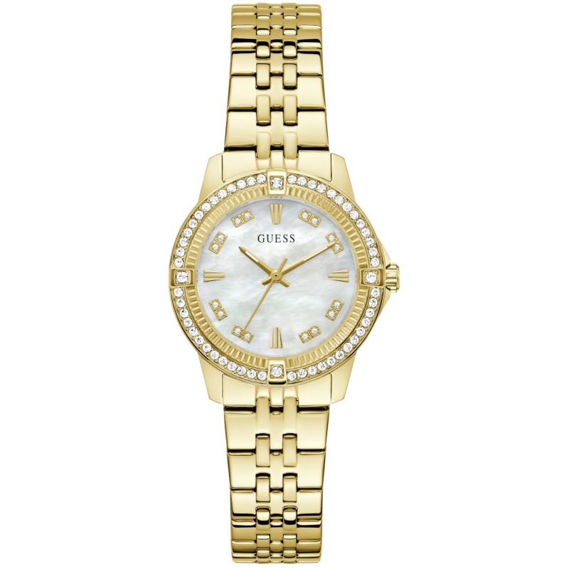 GUESS Colette dames horloge 34 mm goudkleurig | GW1027L2 &mdash; stijlvol dameshorloge met parelmoer wijzerplaat, kristallen bezel en goudkleurige stalen band. Elegant, glamoureus en perfect van dag tot avond. Verkrijgbaar bij Juwelier Schouten &ndash; Middenwaard, Heerhugowaard.