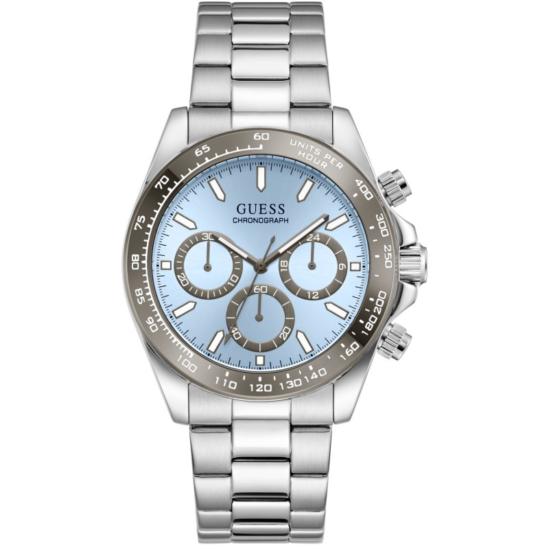 GUESS Arthur Chronograph heren horloge 44 mm zilver | GW1058G1 &mdash; sportief en stijlvol chronograafhorloge met frisse lichtblauwe wijzerplaat, zilverkleurige roestvrijstalen kast en band. Robuust quartz uurwerk met chronofuncties. Verkrijgbaar bij Juwelier Schouten &ndash; Middenwaard, Heerhugowaard.