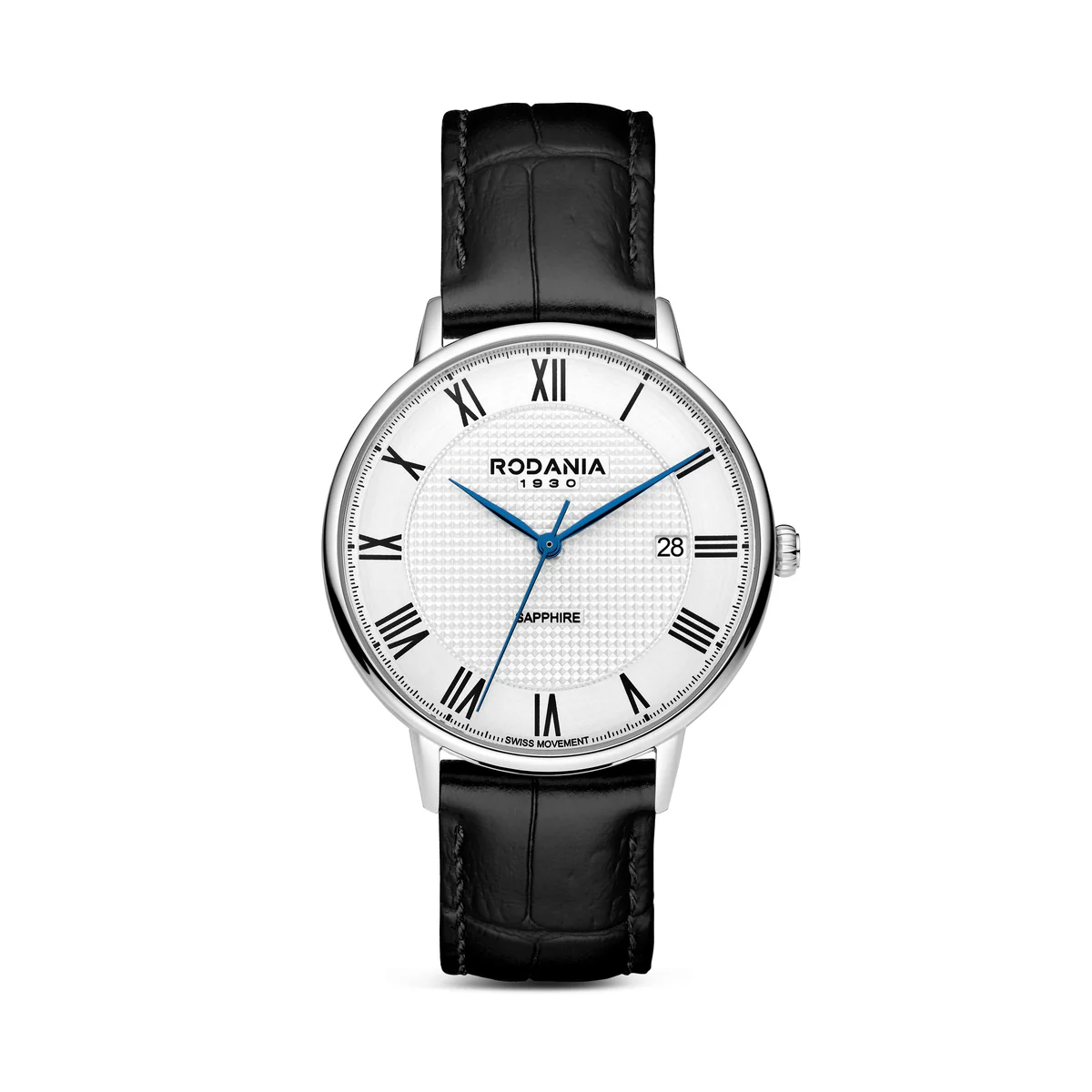 Rodania herenhorloge met zilverkleurige wijzerplaat en geblauwde wijzers voor een retro uitstraling. Het horloge heeft een saffierglas