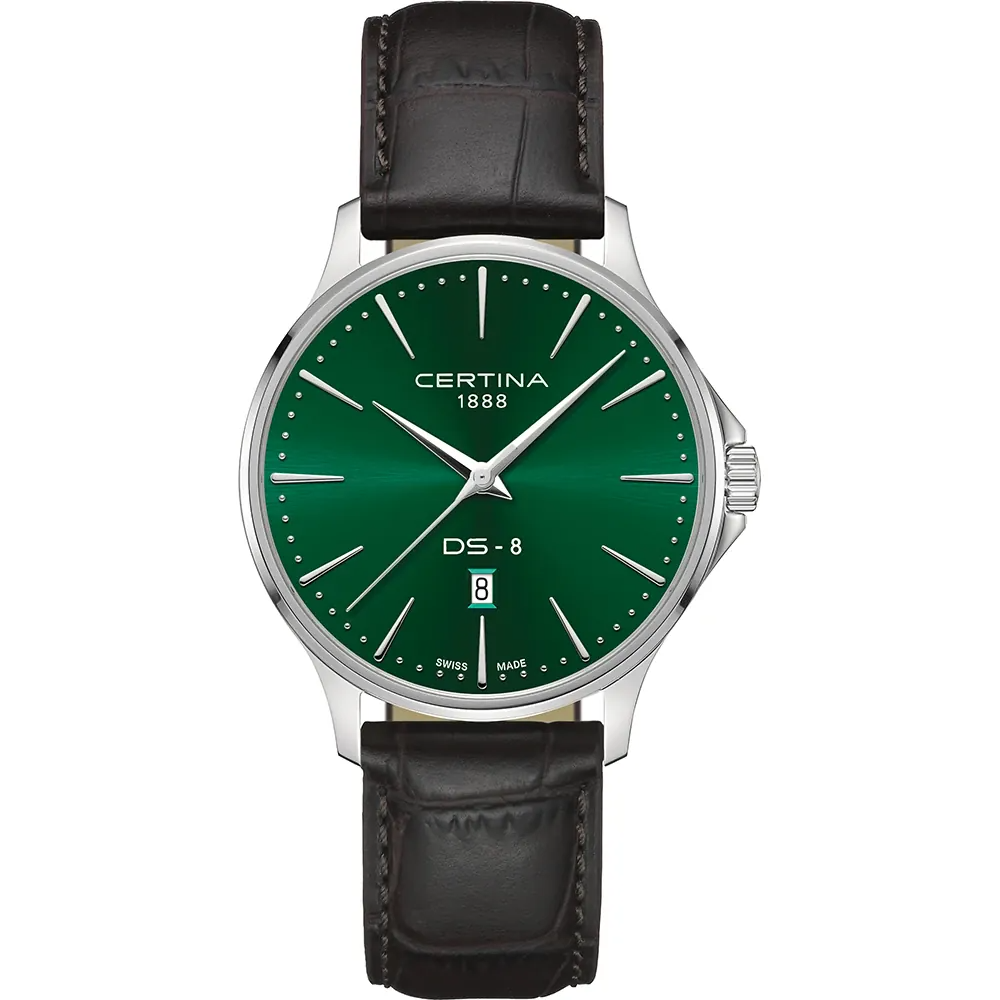 De Certina DS-8 C0454101609100 Horloge heeft een roestvrijstalen kast, groene analoge wijzerplaat, en bruin leren band. Met Zwitserse quartz-beweging, saffier gecoat glas, en waterbestendigheid tot 10 ATM. Perfect voor dagelijks gebruik of zakelijke gelegenheden. Draag hem comfortabel om de pols met zijn 20mm bandbreedte en geniet van tijdloze elegantie. Gewicht: 55g, diameter: 40mm.