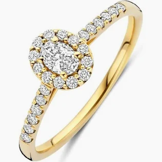 Deze ring van 14k geel goud is een schitterende keuze. De ovale Lab Grown diamant vormt het middelpunt, omringd door een elegante entourage van kleinere Lab Grown diamanten. De band is verrijkt met een pav&eacute;-zetting van fonkelende Lab Grown diamanten (&oslash; 1.5 mm, totaal 0.20-0.24 karaat), wat zorgt voor extra allure.