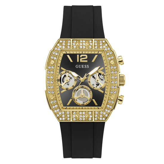 Guess Phoenix Quantum heren horloge 41 mm goud-zwart | GW1069G2 &mdash; stoer en stijlvol multifunctioneel quartz horloge met zwarte wijzerplaat, goudkleurige kast en comfortabele zwarte siliconen band. Combineert luxe uitstraling met dagelijks gebruik. Verkrijgbaar bij Juwelier Schouten &ndash; Middenwaard, Heerhugowaard.