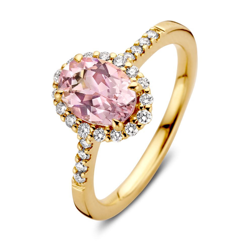 Geelgouden entourage ring met roze morganiet�als middensteen.
 
Morganiet 1.20 crt