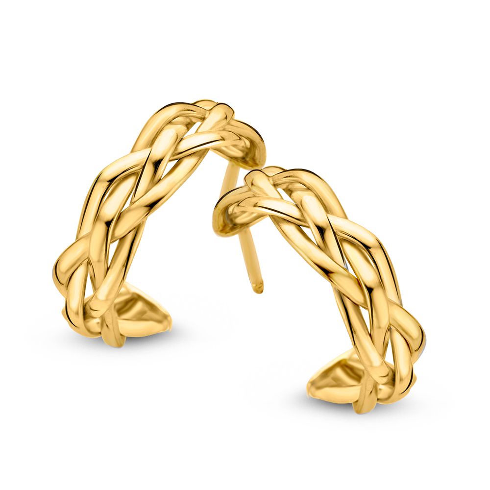 Gevlochten geelgouden oorringen met steker.
