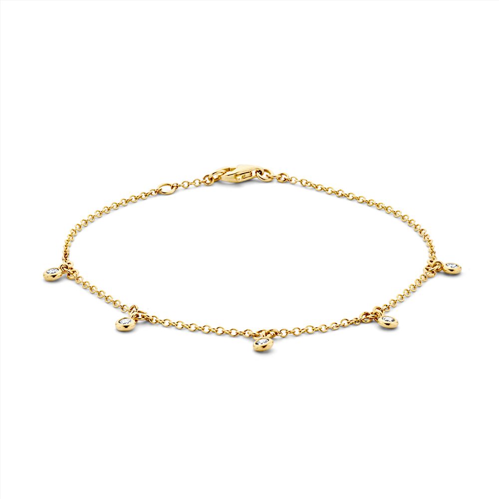Geelgouden armband met 5 hangende diamanten in ronde zetkastjes.
