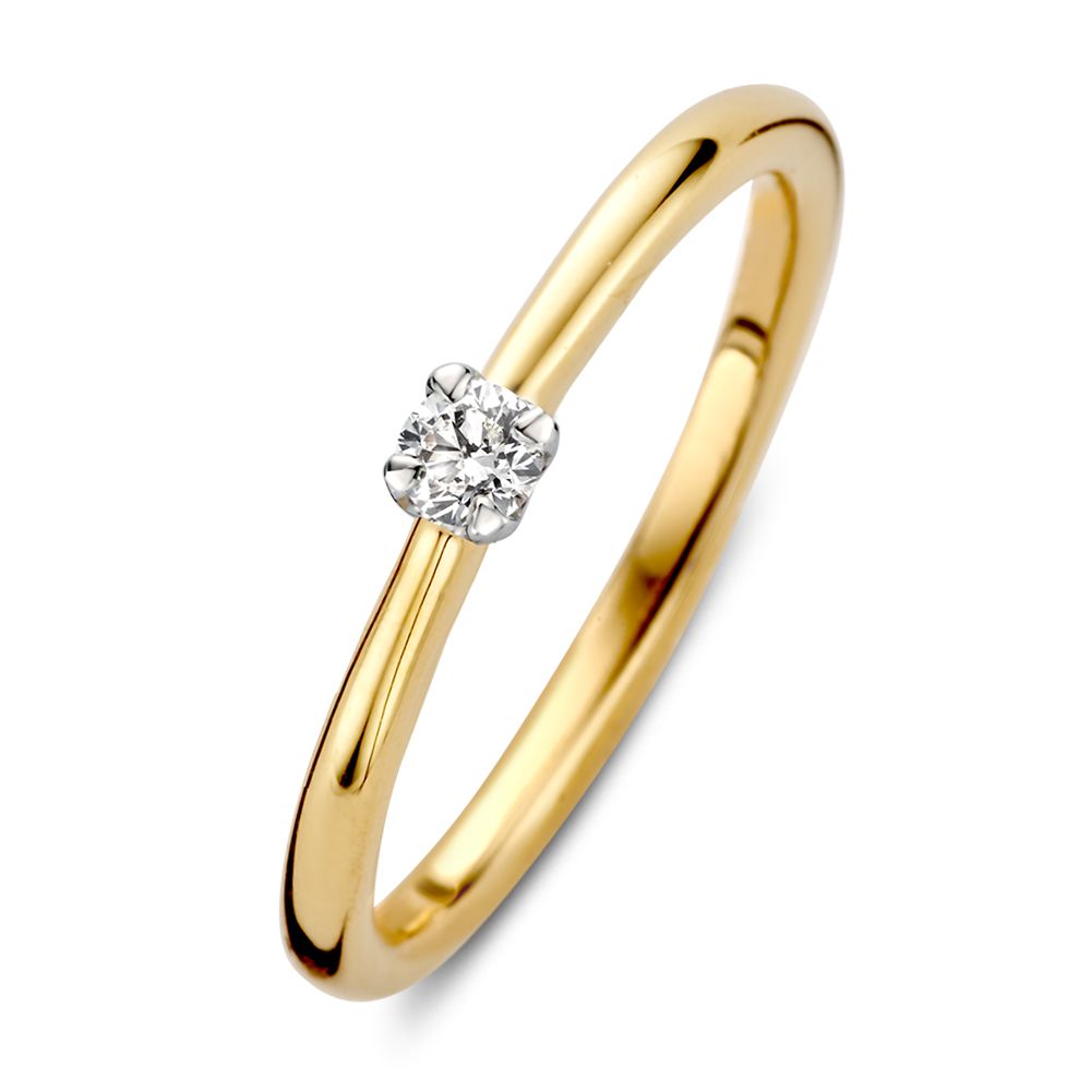 Bicolor geel- en witgouden solitair met zetting in de vorm van een tulp. Dankzij de ronde scheen, heeft de ring bovendien een hoog draagcomfort.�
 
