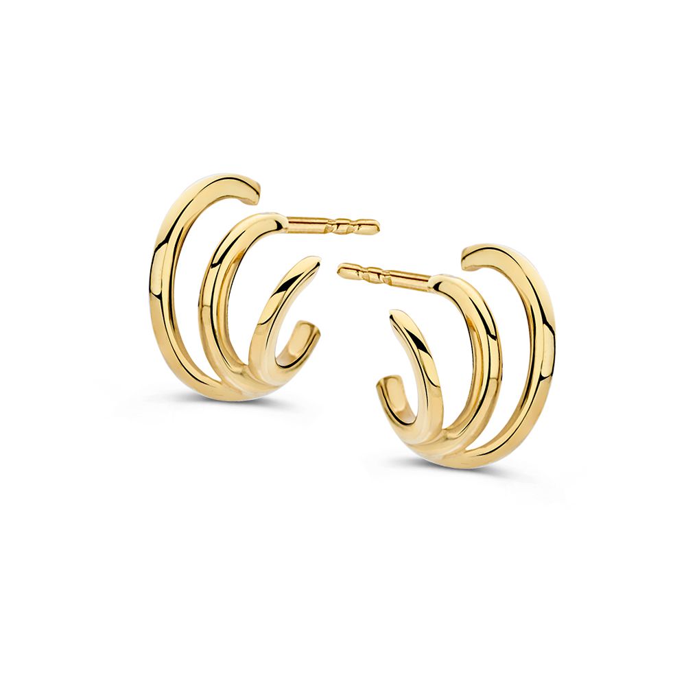 Geelgouden oorstekers.Wanneer de oorbellen in het oor zitten, lijken ze uit drie verschillende ringen te bestaan.
