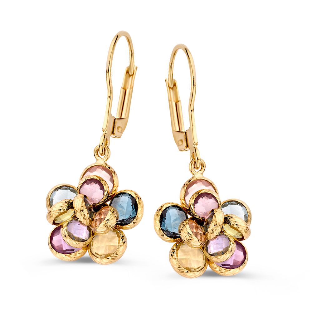 Een prachtige gouden oorhaak met kleursteen. De verschillende edelstenen zijn in bloemvorm gezet, waardoor de oorbellen echte eyecatchers zijn! De gebruikte edelstenen zijn topaas, london blue topaas, amethist, rozenkwarts en groene amethist.
