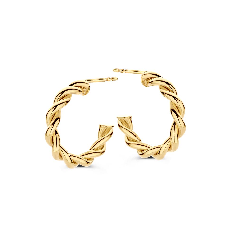 Geelgouden oorringen met gedraaide band.De oorbellen worden geleverd met 14kt gouden poussettes.
