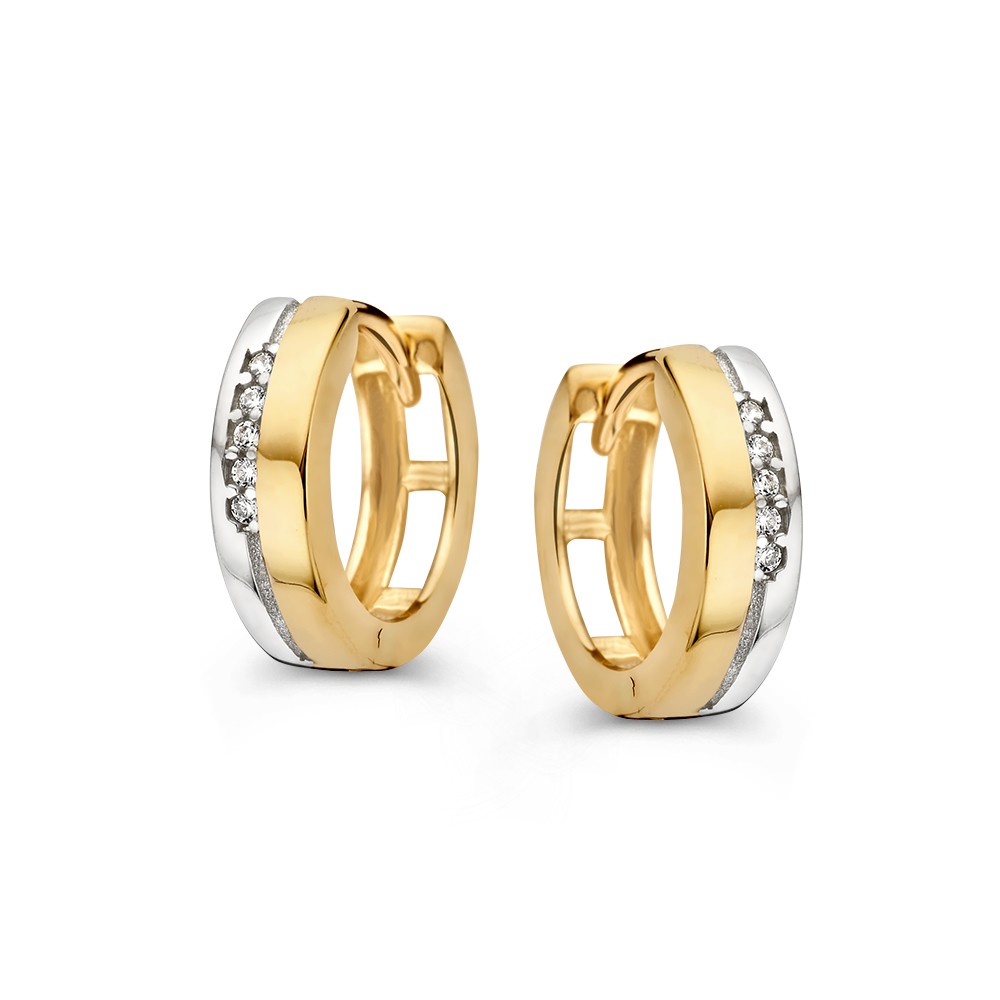 Bicolor wit- en geelgouden oorringen in strak ontwerp, gezet met vijf zirkonia's.
