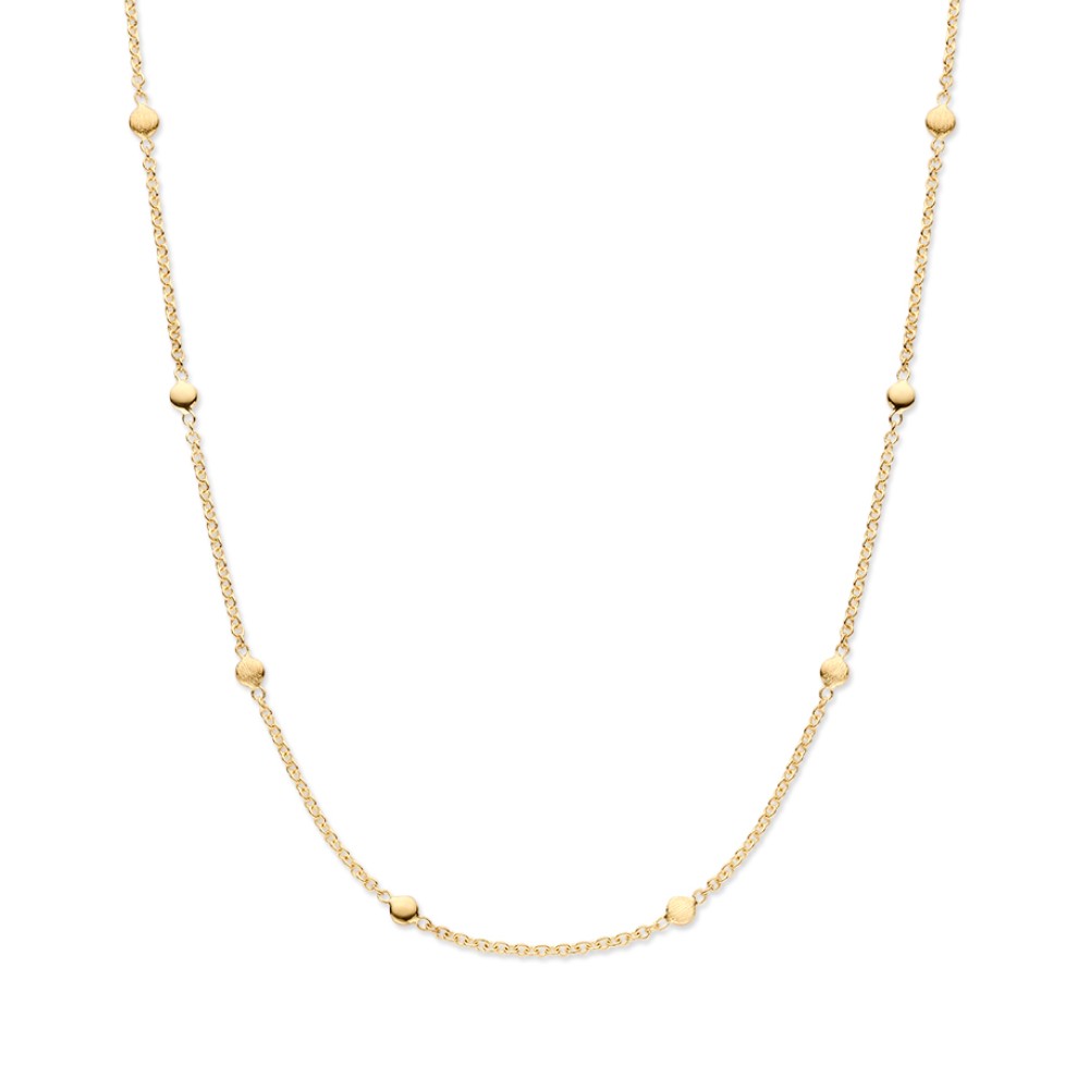 Geelgouden collier met een verfijnde uitstraling, maar in een luxe, zware uitvoering. Het colliers is voorzien van gouden elementen die om en om gematteerd/gepolijst zijn.

