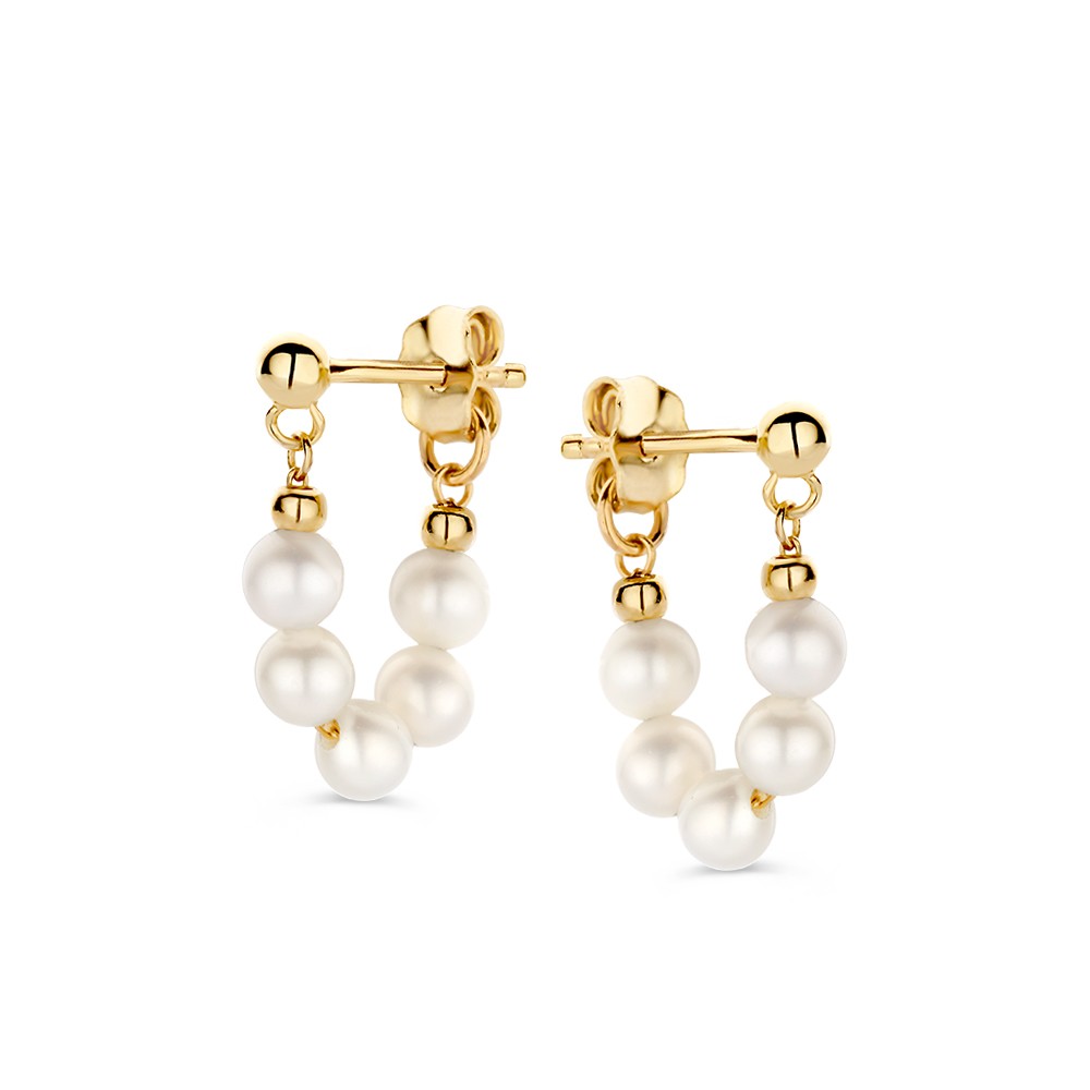 Gouden oorstekers met een parelketting die rondom de oorlel valt. Een speels en trendy design!
