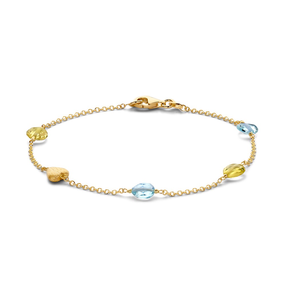 14kt. Excellent armband geelgoud, lemon quartz + blauw topaas