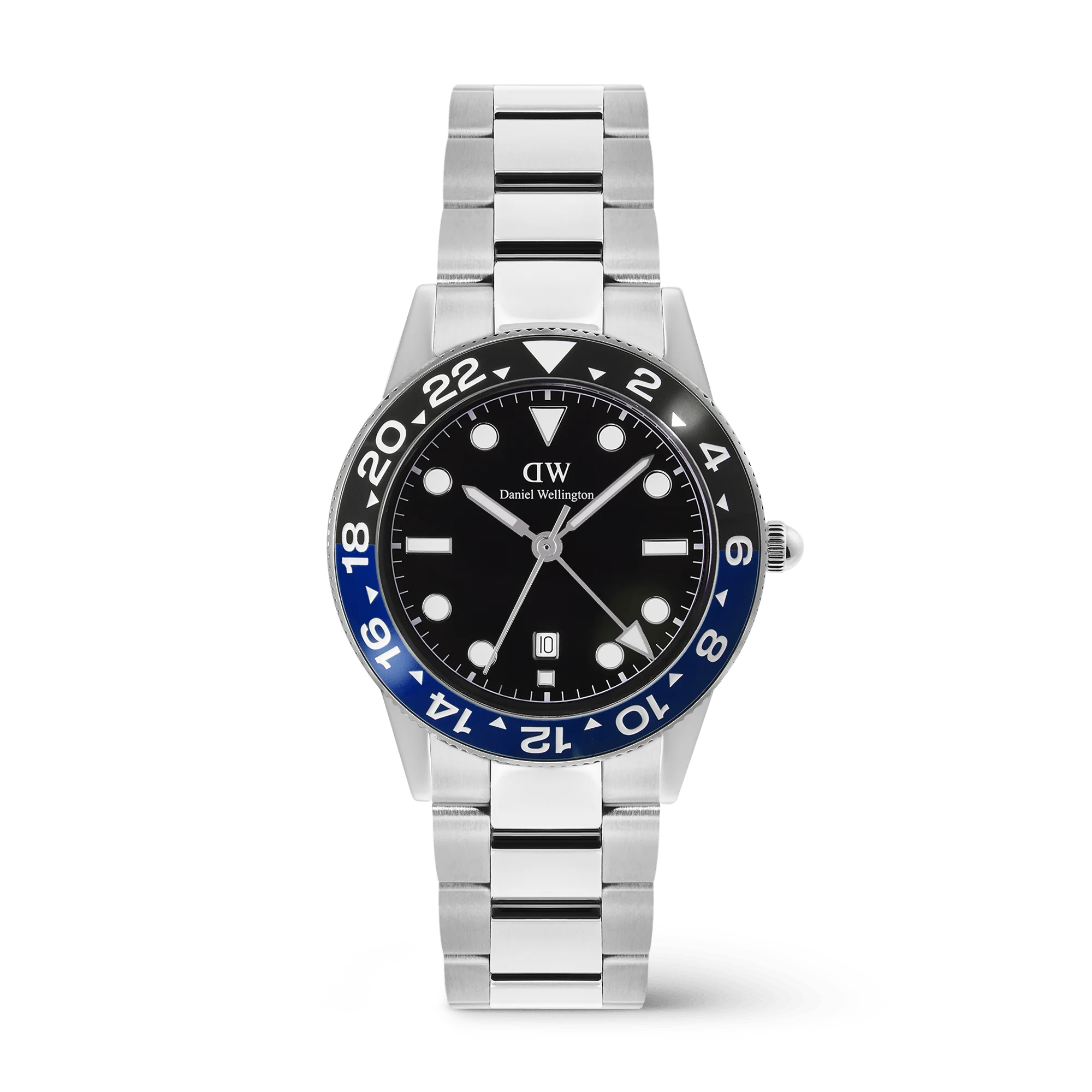 De Daniel Wellington Horloge ICONIC GMT 40 LINK BLACK BLUE CERAMIC BEZEL (modelnummer: DW00100921) heeft een zwarte wijzerplaat en zwarte kast, beide van roestvrij staal. Het is waterdicht tot 10 ATM en heeft een zilverkleurige roestvrijstalen band van 21 mm. Met quartz uurwerk en datumfunctie. Draag casual of formeel als stijlvol statement op je pols.