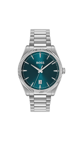 Herenuurwerk in staal met een stalen metaalband. Het uurwerk heeft een datum en een lichtblauwe wijzerplaat.